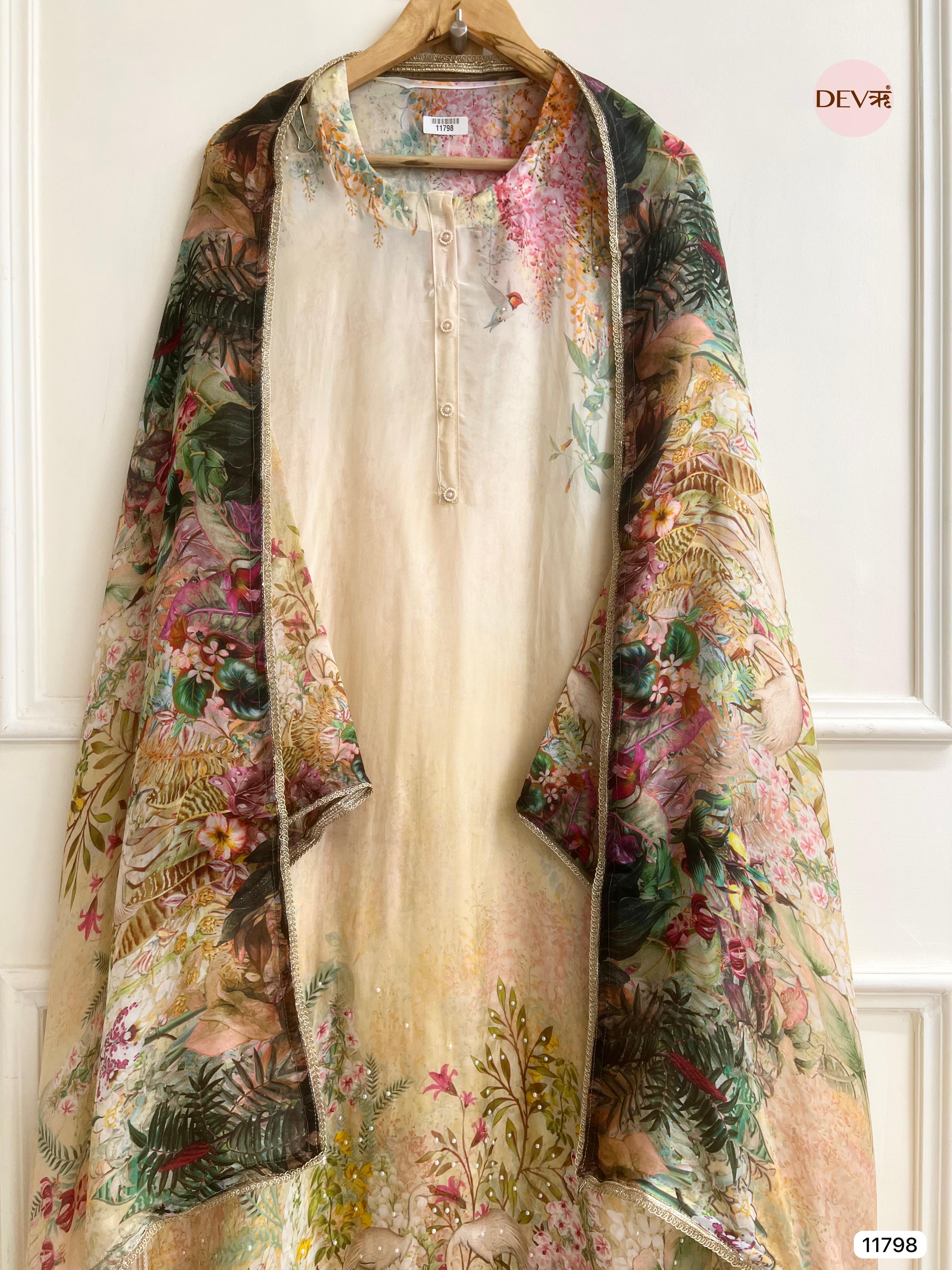Florenza Organza Silk Semi Stitched Printed Hand Embroidered -Set Of 3 - {11798}
