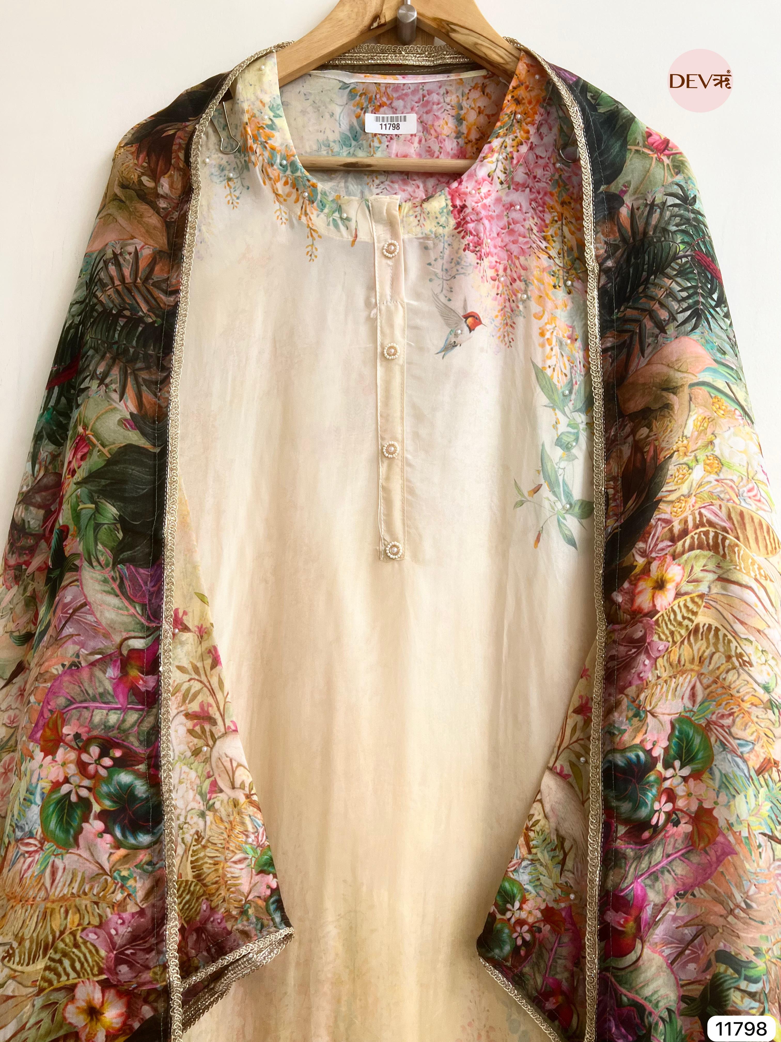 Florenza Organza Silk Semi Stitched Printed Hand Embroidered -Set Of 3 - {11798}