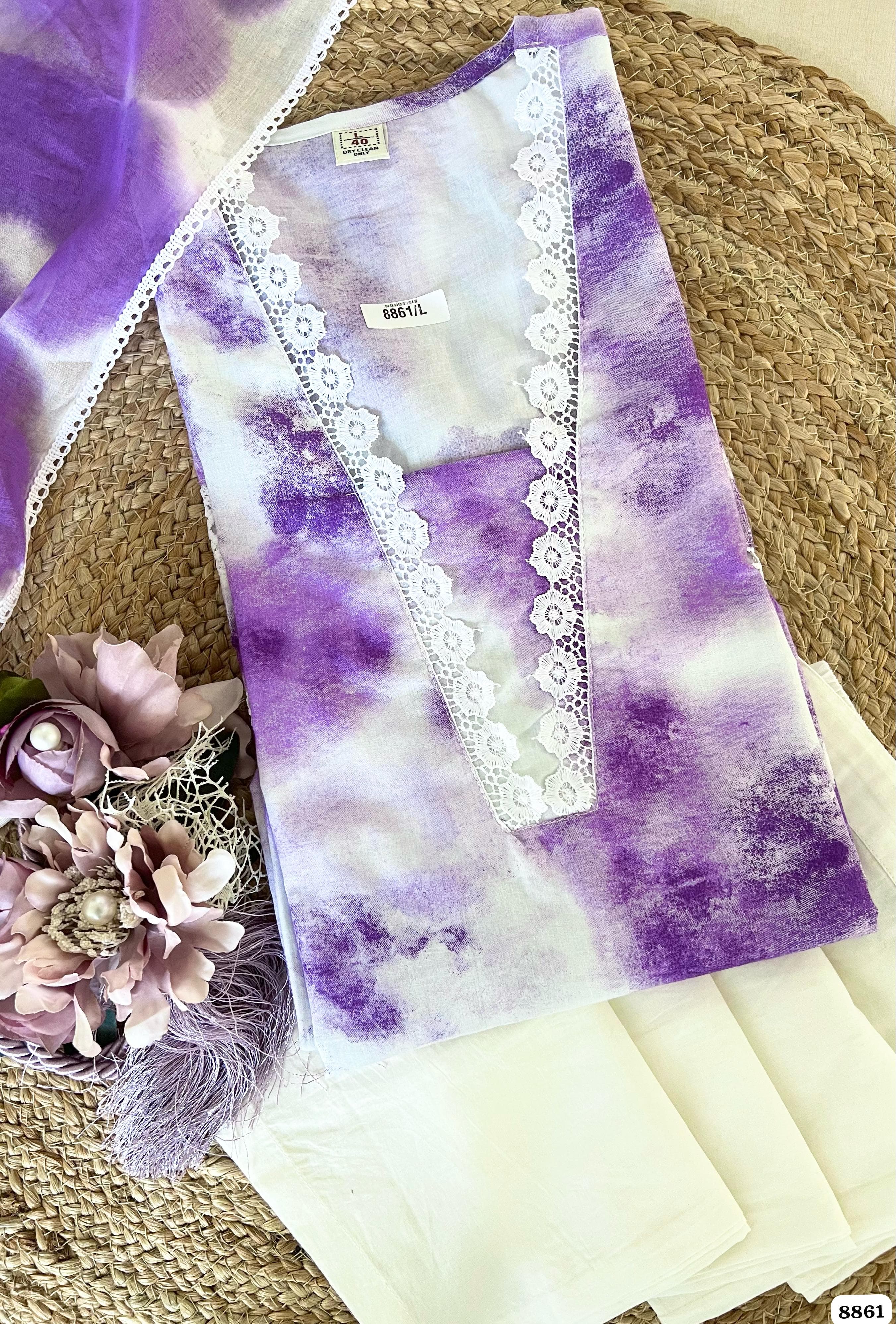 Purple Cotton Printed Ready-Made Elegant Crocia Lace -Set of 3 {8861}