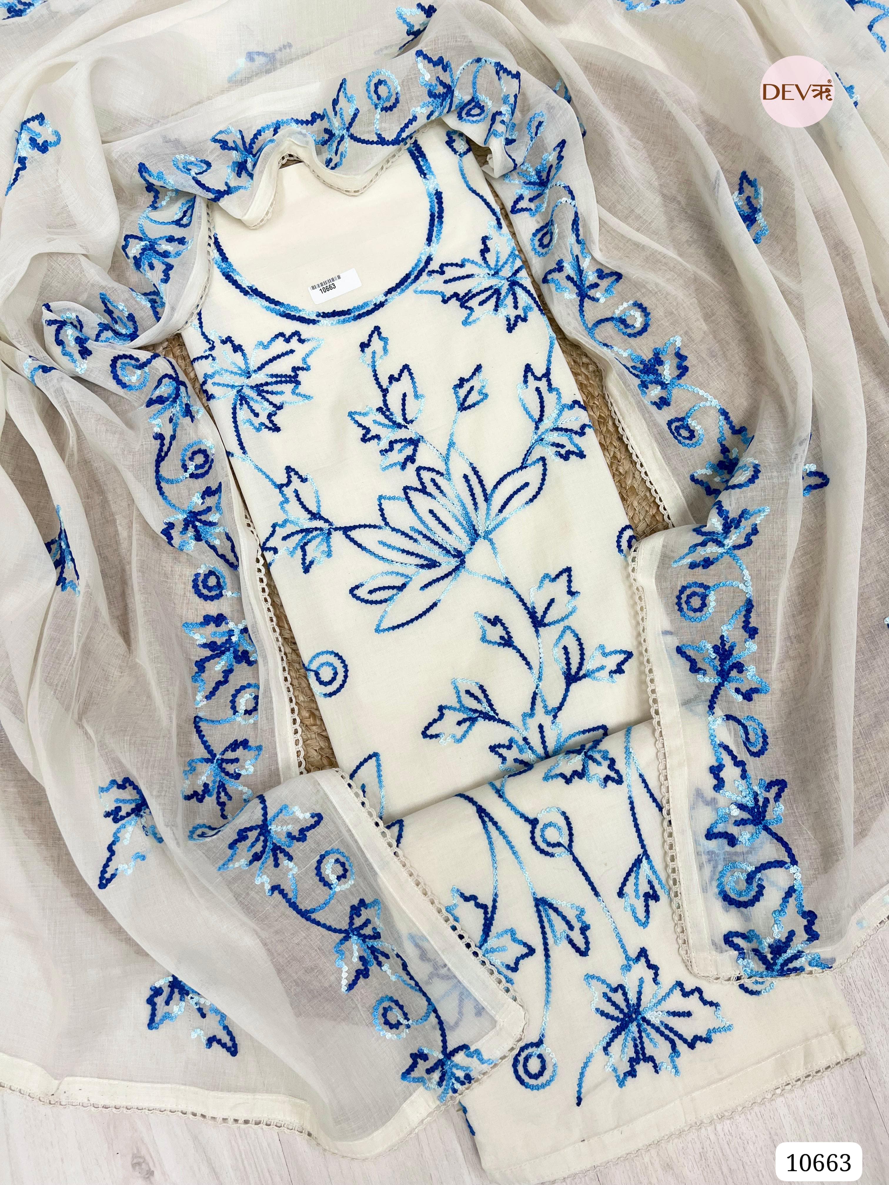 White Cotton Unstitched Embroidered -Set Of 3