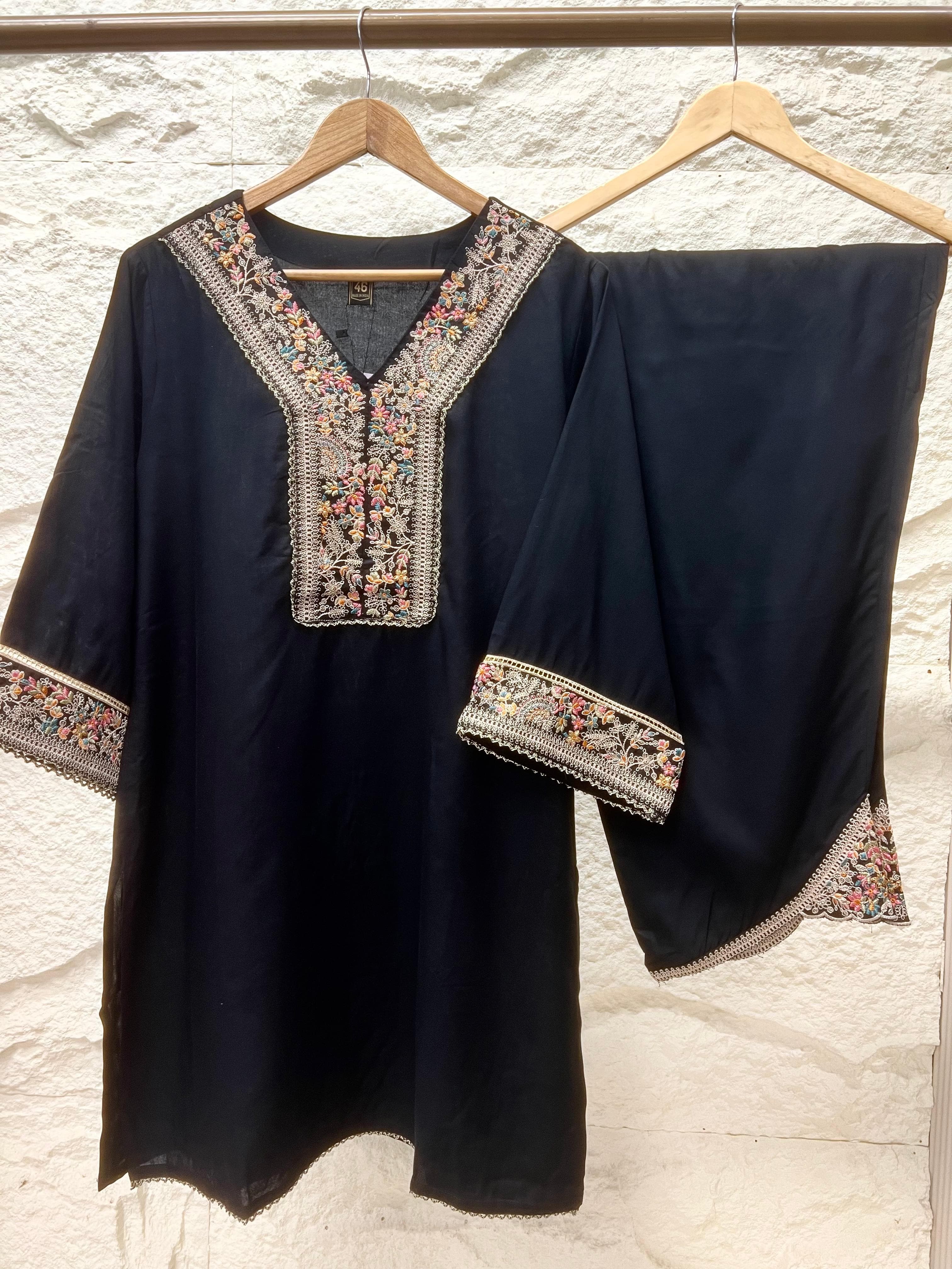 Black Embroidered Kurta Set Crafted From Soft german Reyon Fabric {1004}