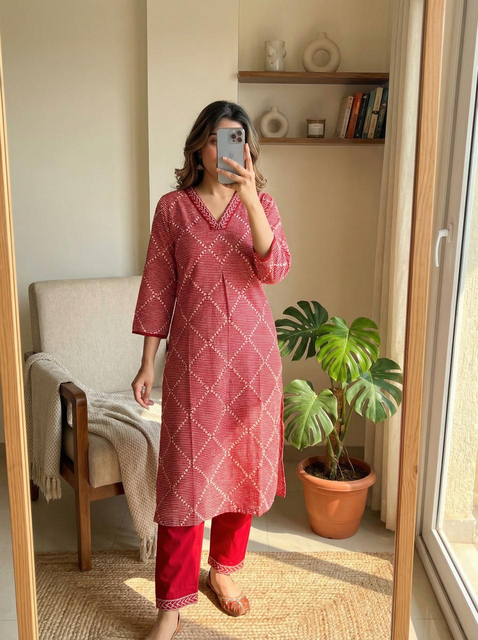 Red Printed Kurta Set In Soft german Reyon Fabric {1002}