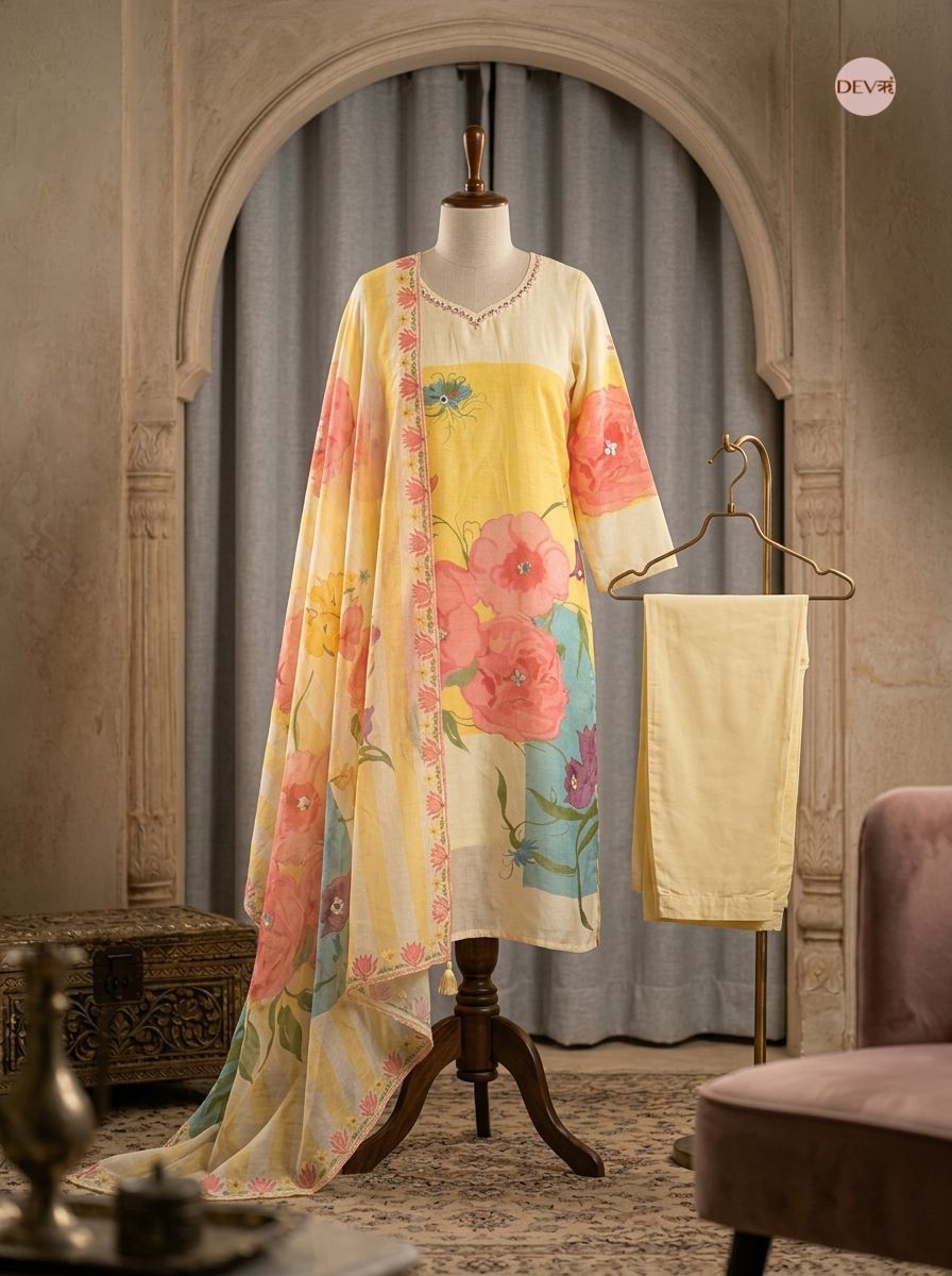 Saanvi Pure Cotton Printed Yellow & Teal 3-Piece Set (Devri – D.No 20088)