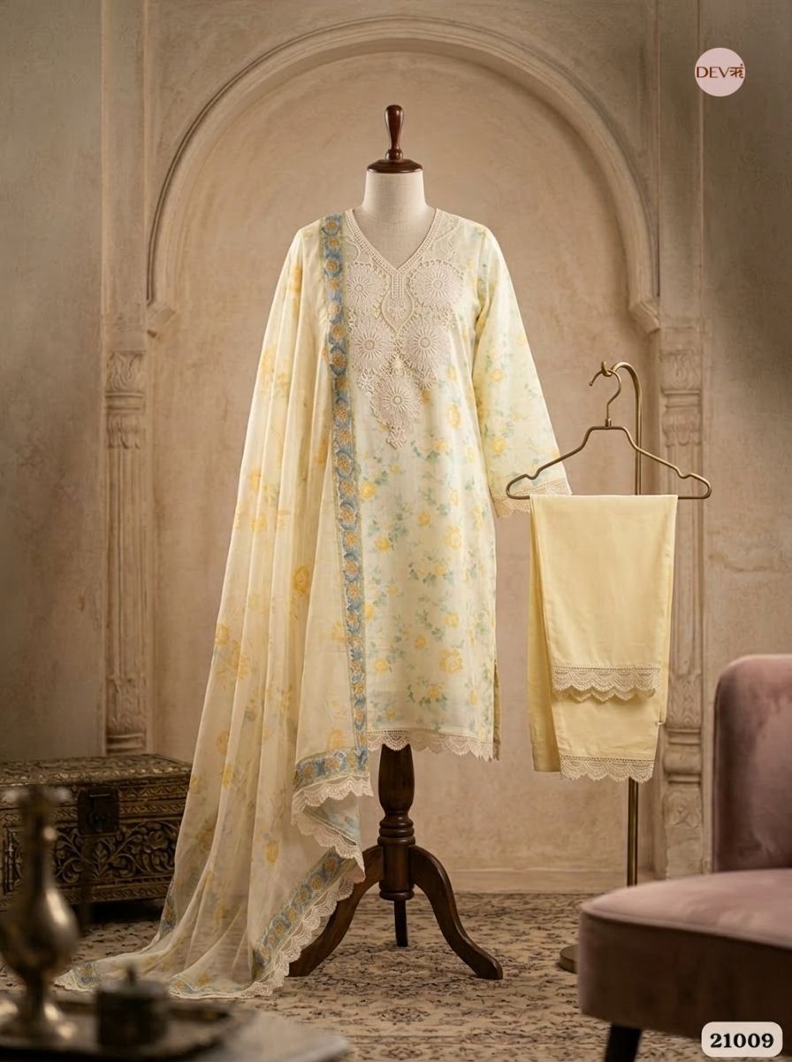 Gayatri Pure Cotton Printed Lemon Yellow 3-Piece Set (Devri – D.No 21009)