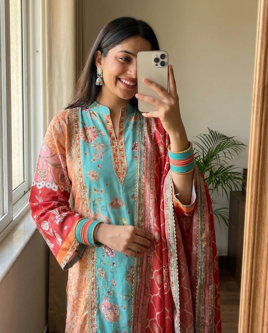 Aqua Muslin Printed Unstitched 3-Piece Suit (Devri – D.No 12780)