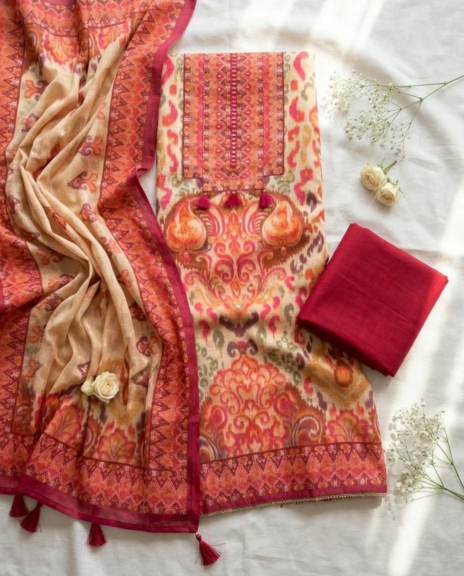 Pink Linen Cotton Printed Unstitched 3-Piece Suit (Devri – D.No 12867)