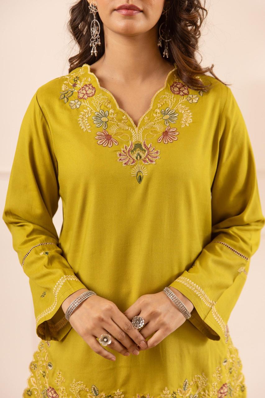 Gulnaar German Reyon Embroidered Mustard 2-Piece Set (Devri – D.No 21069)
