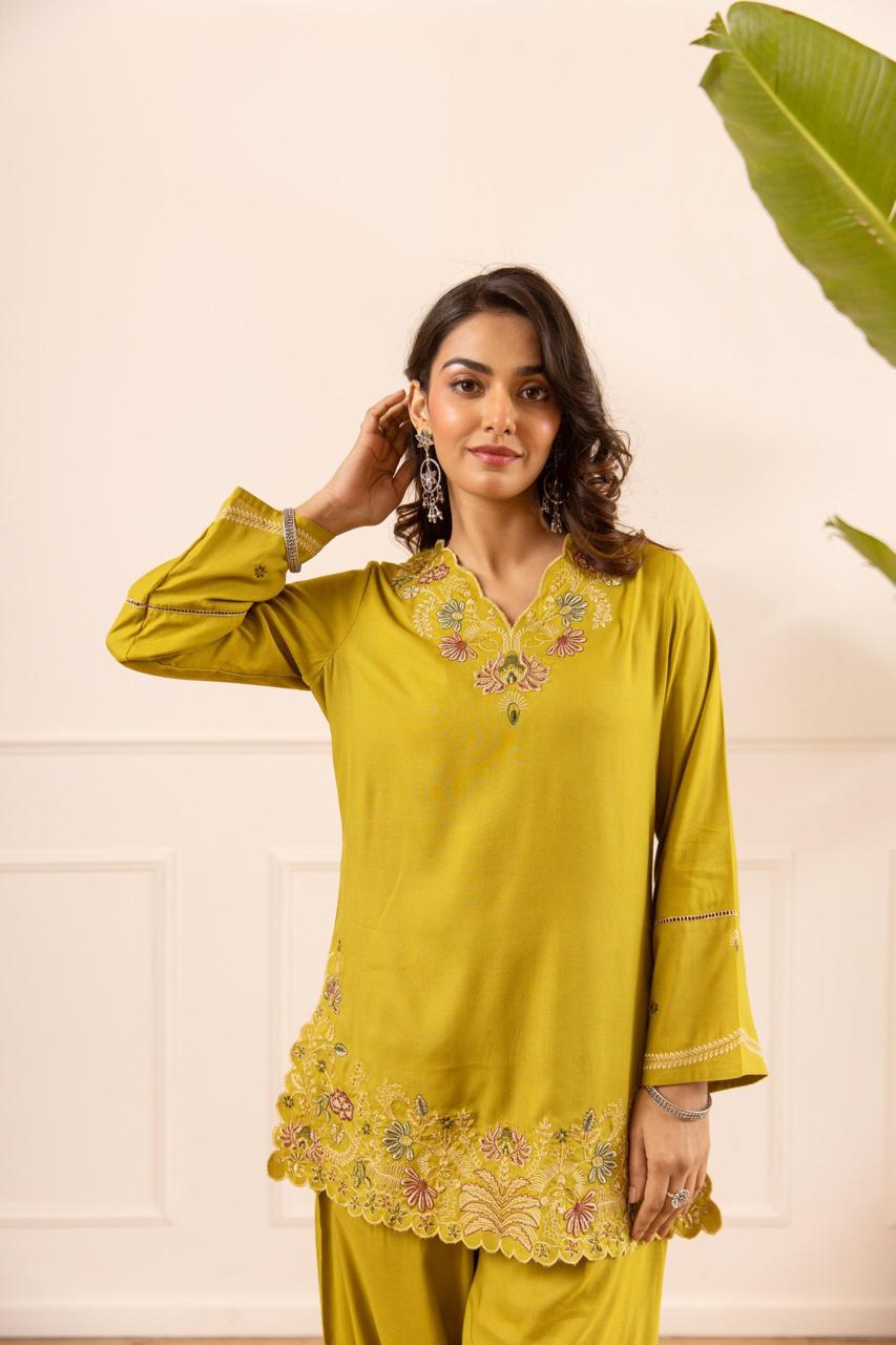 Gulnaar German Reyon Embroidered Mustard 2-Piece Set (Devri – D.No 21069)