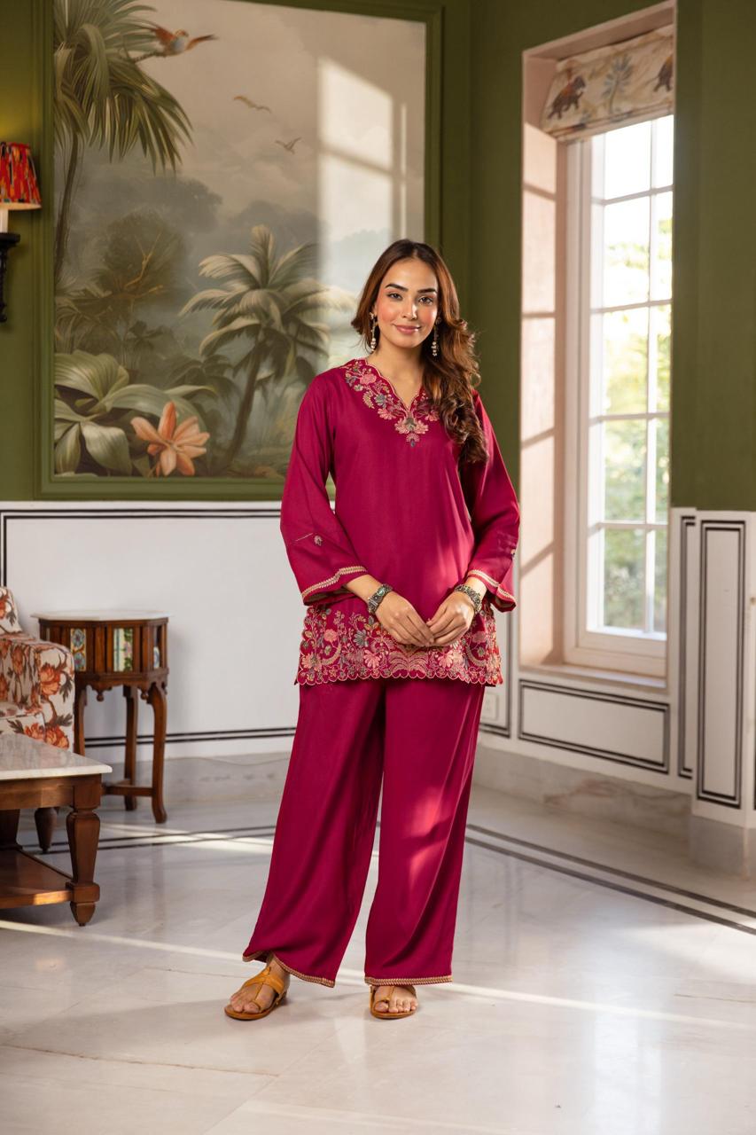 Gulnaar German Reyon Embroidered Magenta 2-Piece Set (Devri – D.No 21068)