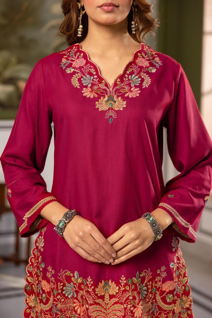 Gulnaar German Reyon Embroidered Magenta 2-Piece Set (Devri – D.No 21068)