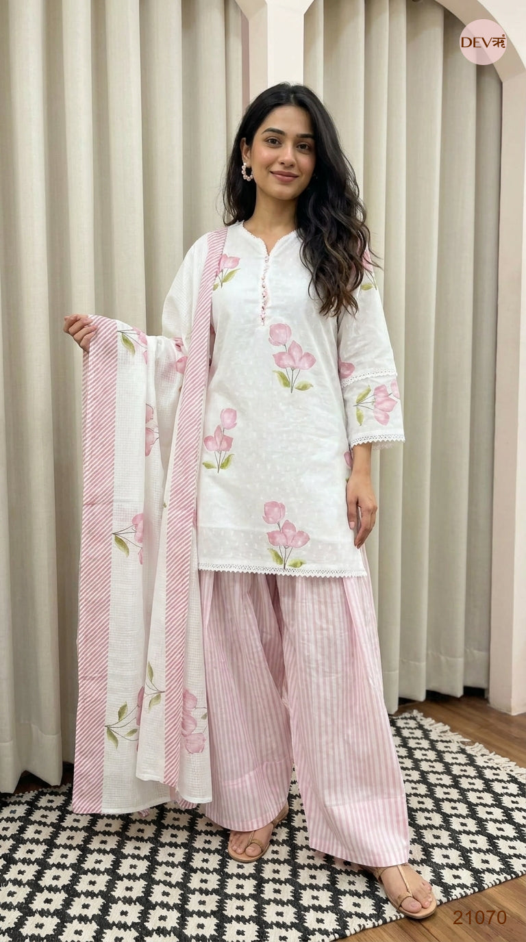 Gulnaar Pure Cotton Printed Pink 3-Piece Set (Devri – D.No 21070)
