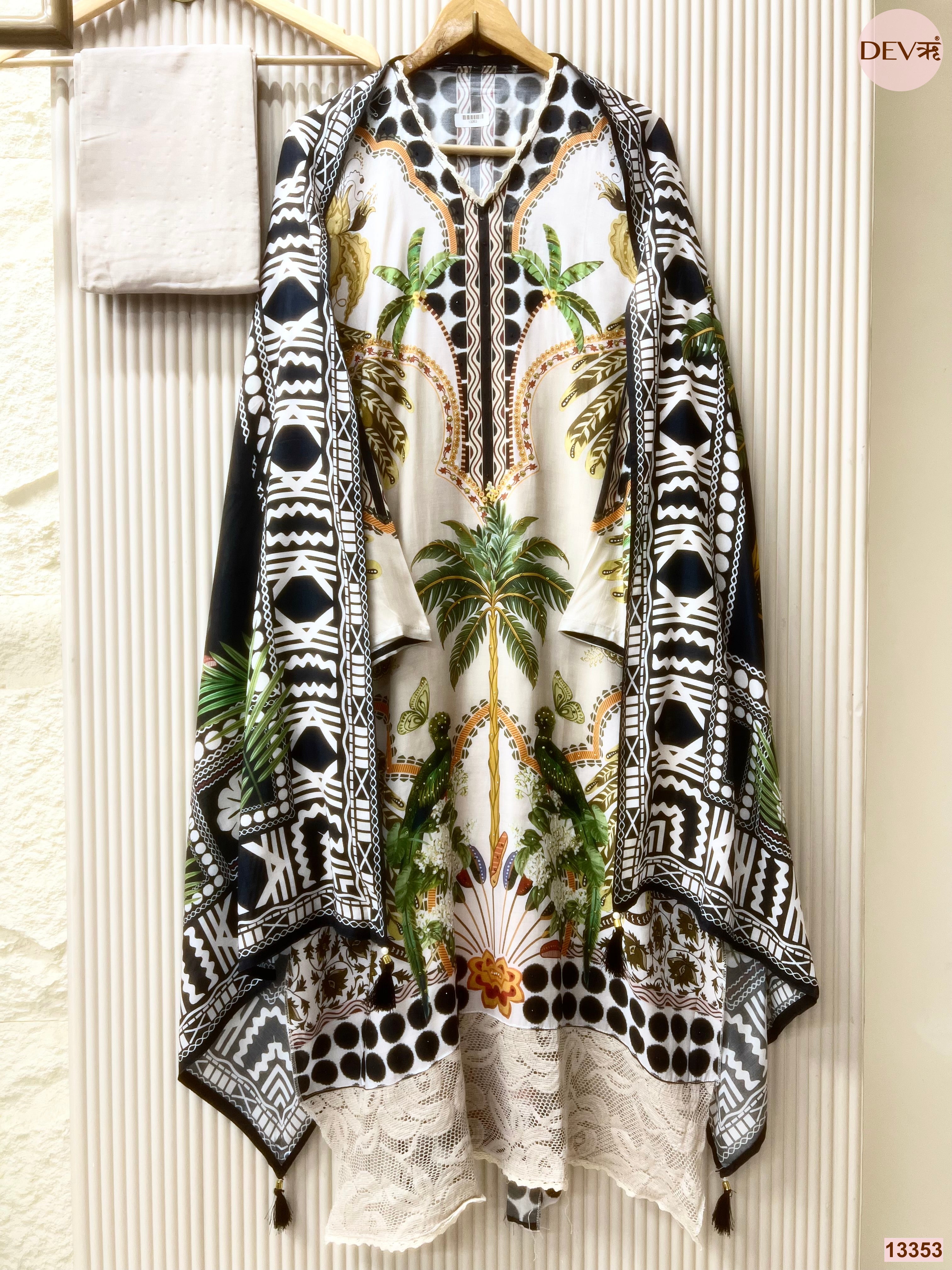 White Muslin Printed Unstitched 3-Piece Suit (Devri – D.No 13353)