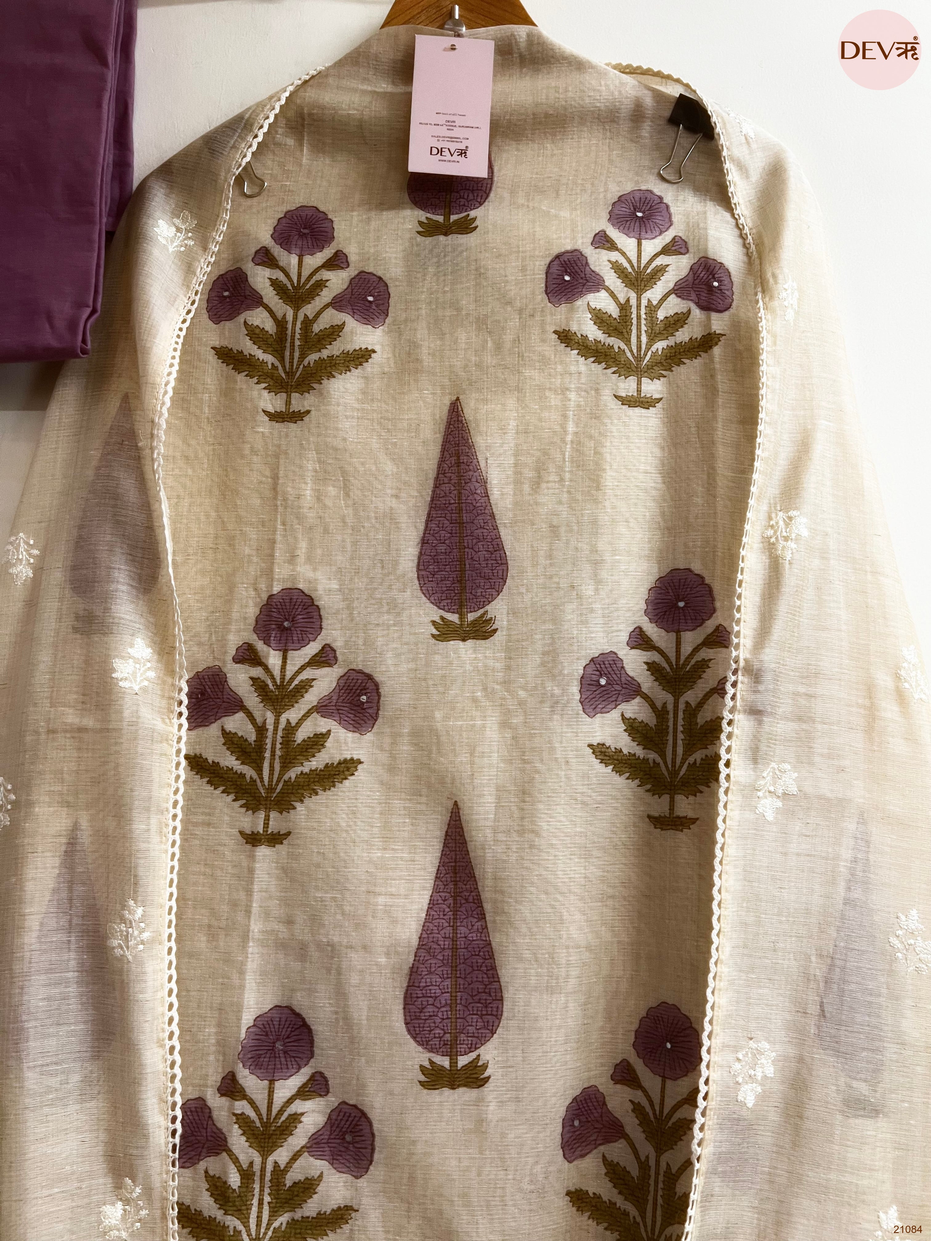 Beige Mul Chanderi Printed Unstitched 3-Piece Suit (Devri – D.No 21084)