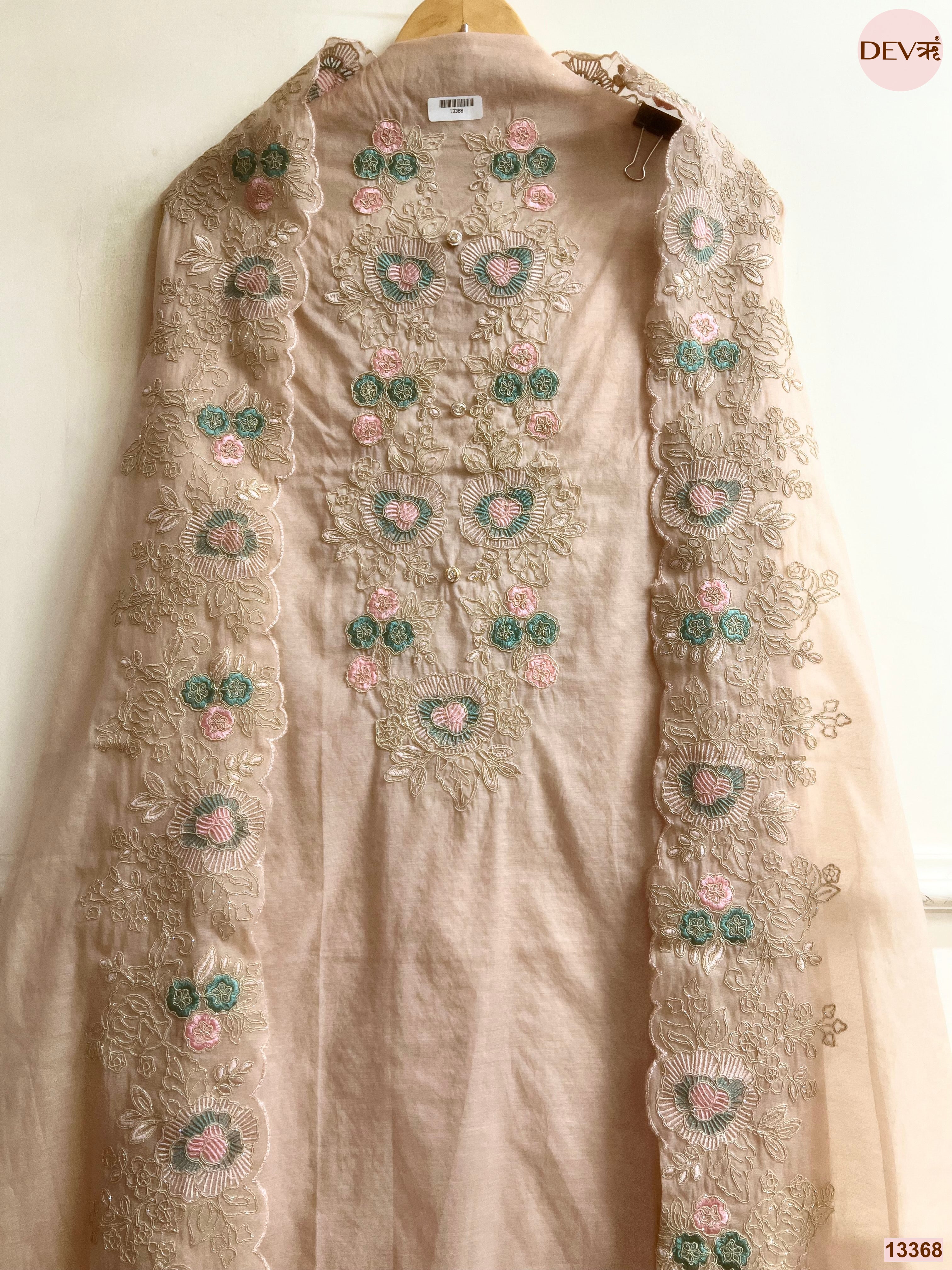 Beige Mul Chanderi Embroidered Unstitched 3-Piece Suit (Devri – D.No 13368)