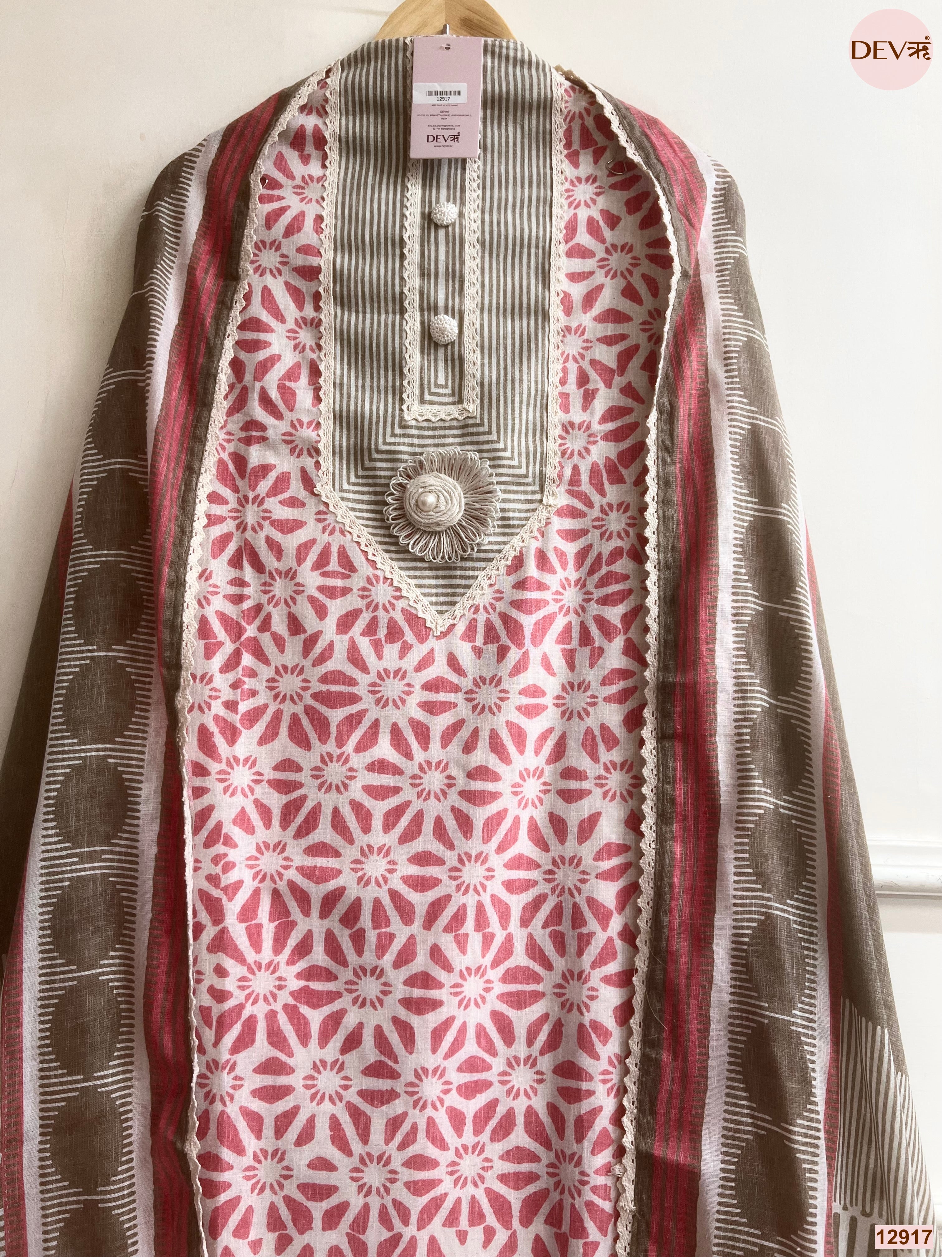Pink Cotton Khadi Printed Unstitched 3-Piece Suit (Devri – D.No 12917)