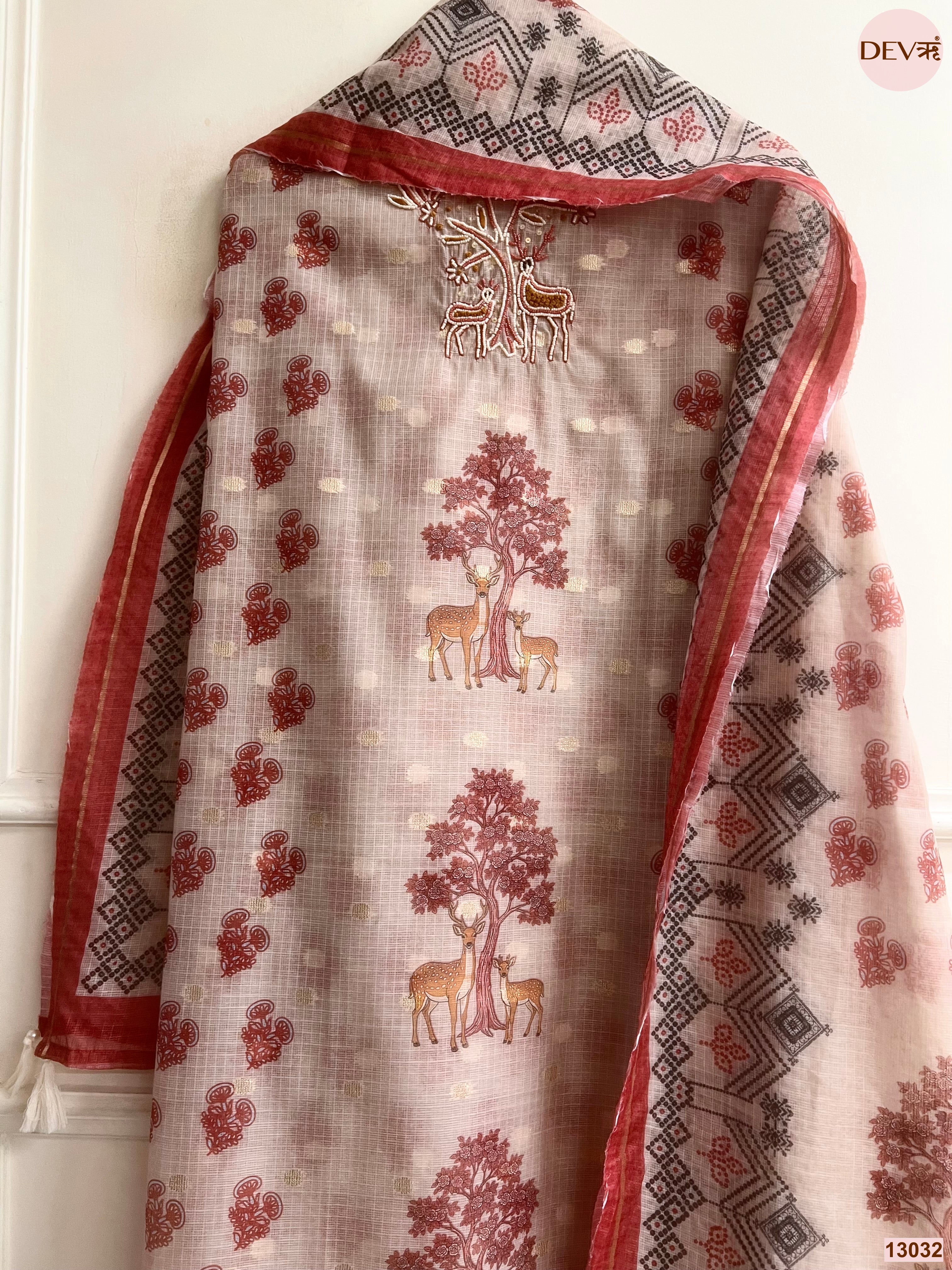 Pink Kota Printed Unstitched 3-Piece Suit (Devri – D.No 13032)