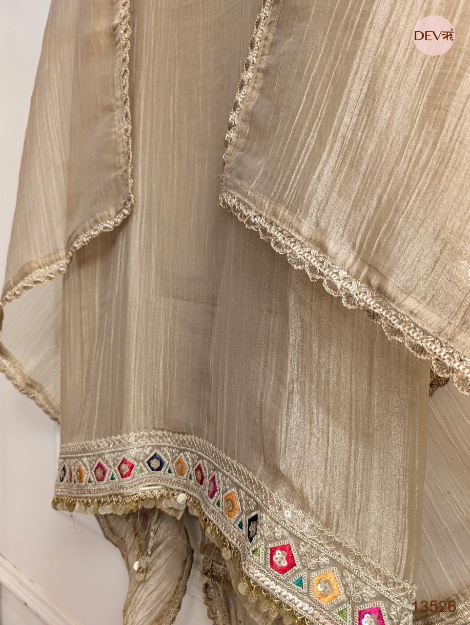Beige Tissue Crush silk Embroidered Unstitched 3-Piece Suit (Devri – D.No 13526)