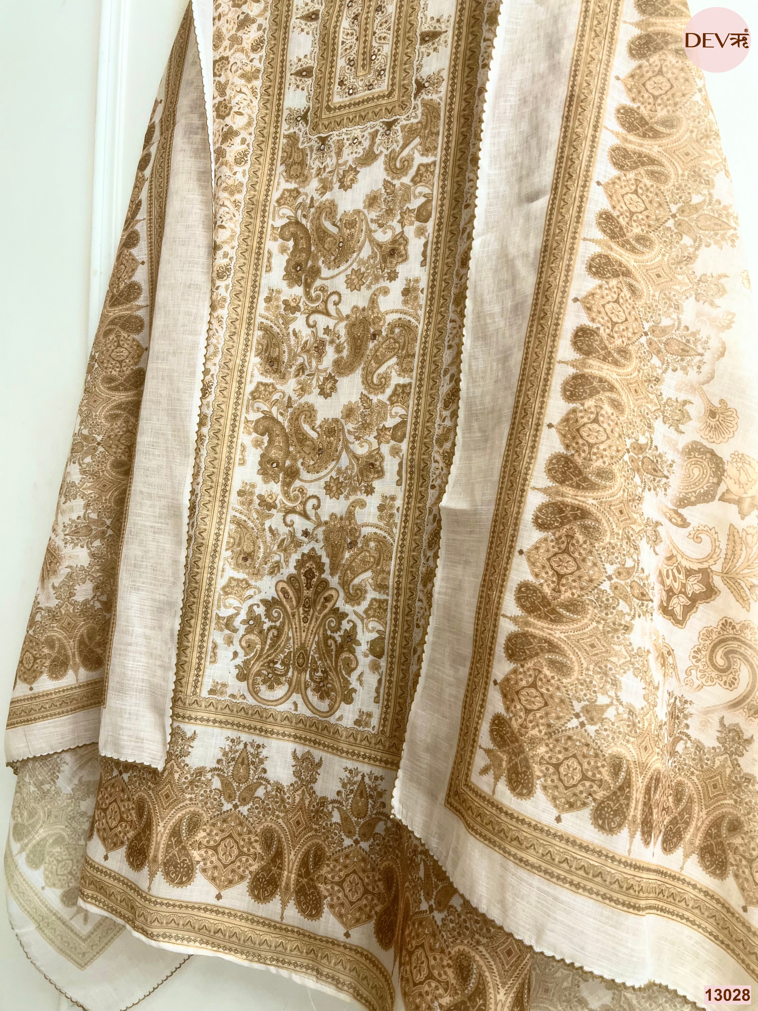 Cream Linen Printed Unstitched 3-Piece Suit (Devri – D.No 13028)