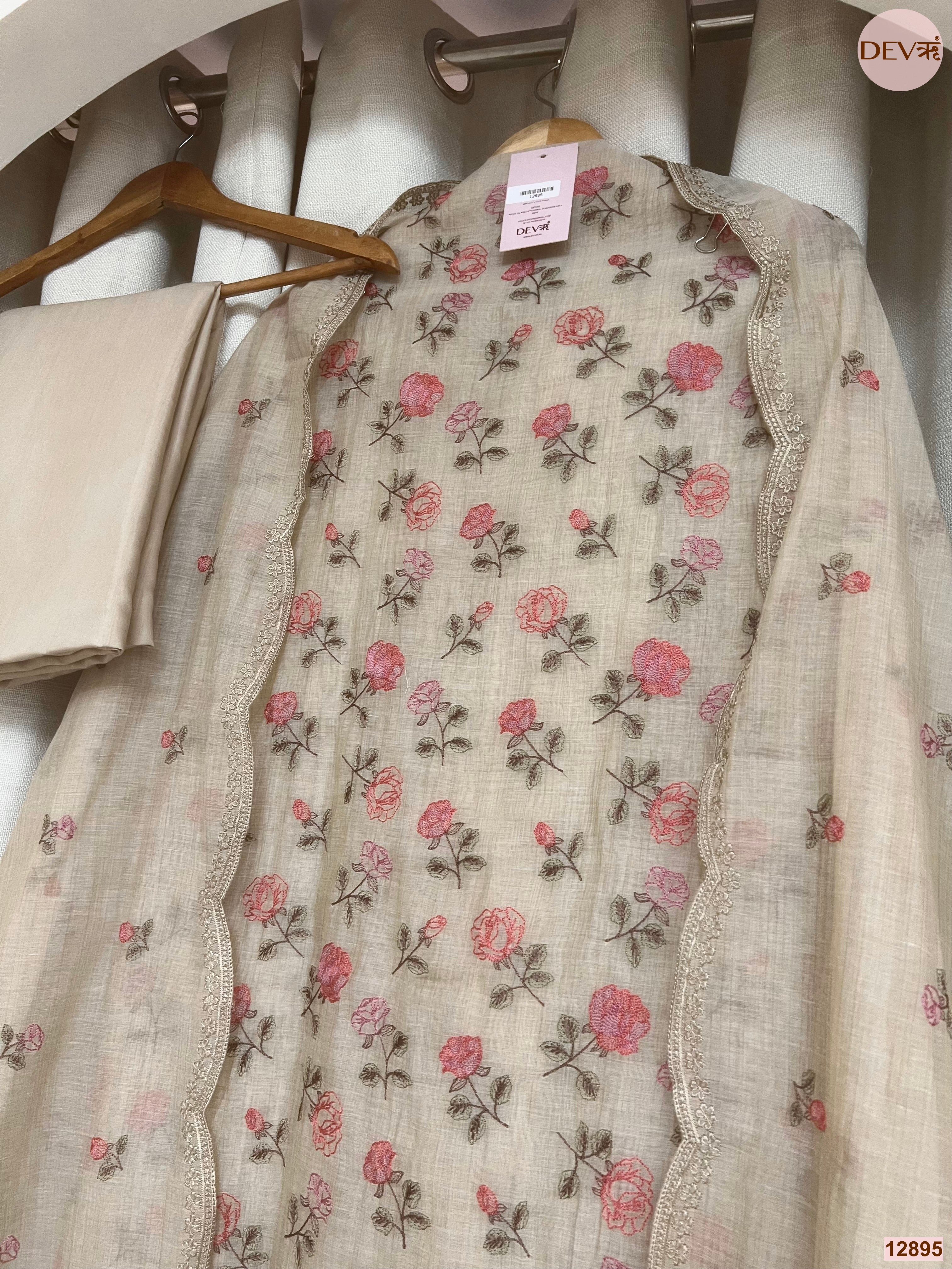 Cream Mul Chanderi Printed Unstitched 3-Piece Suit (Devri – D.No 12895)