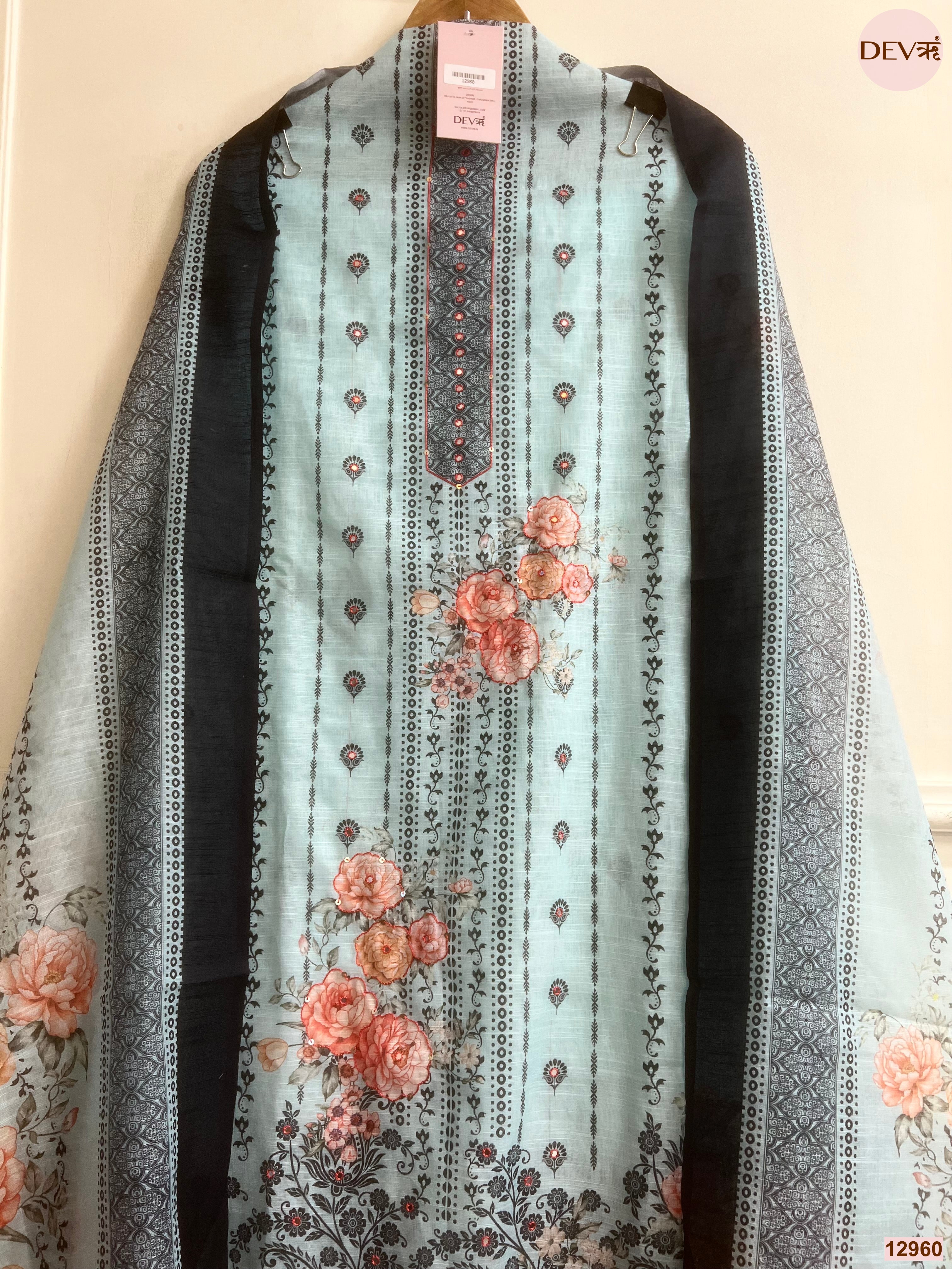 Blue Linen Cotton Printed Unstitched 3-Piece Suit (Devri – D.No 12960)