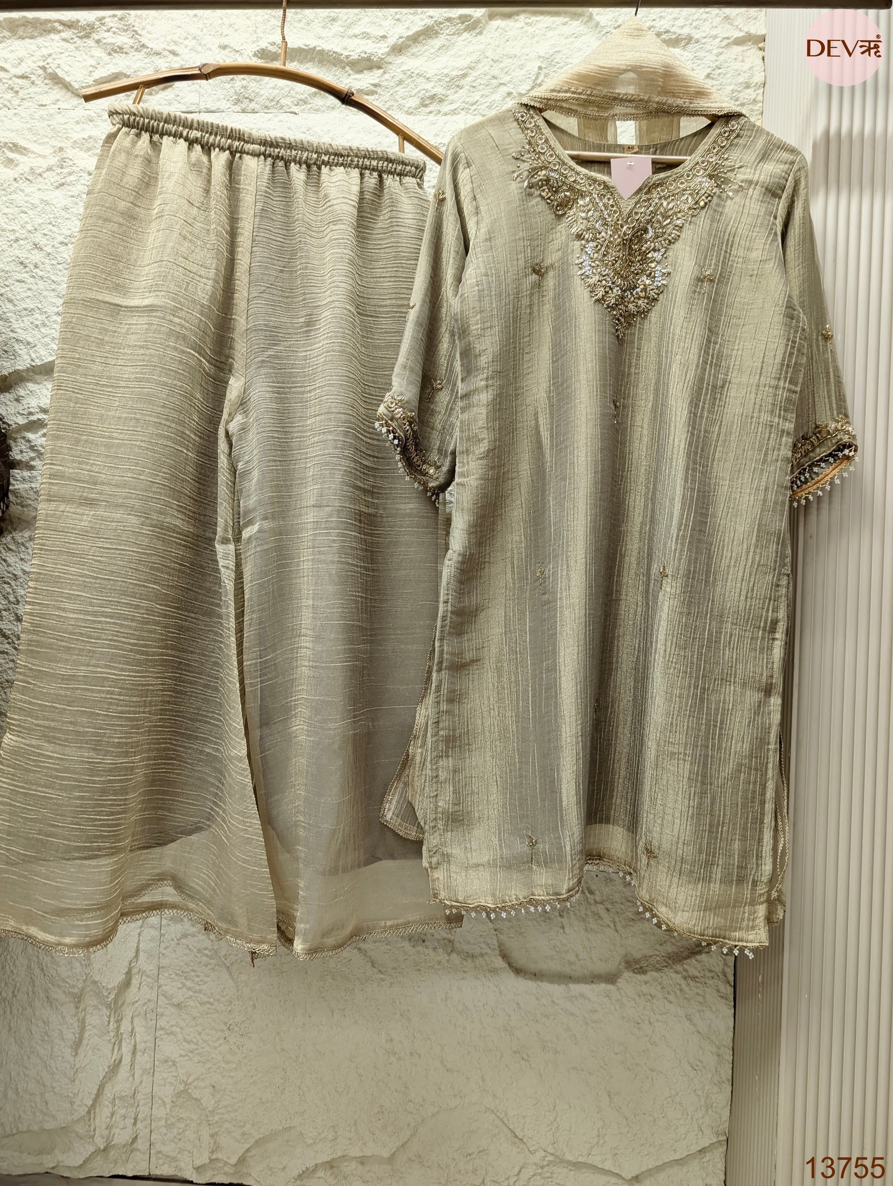 Zareen Tissue crush silk Embroidered Beige 3-Piece Set (Devri – D.No 13755)