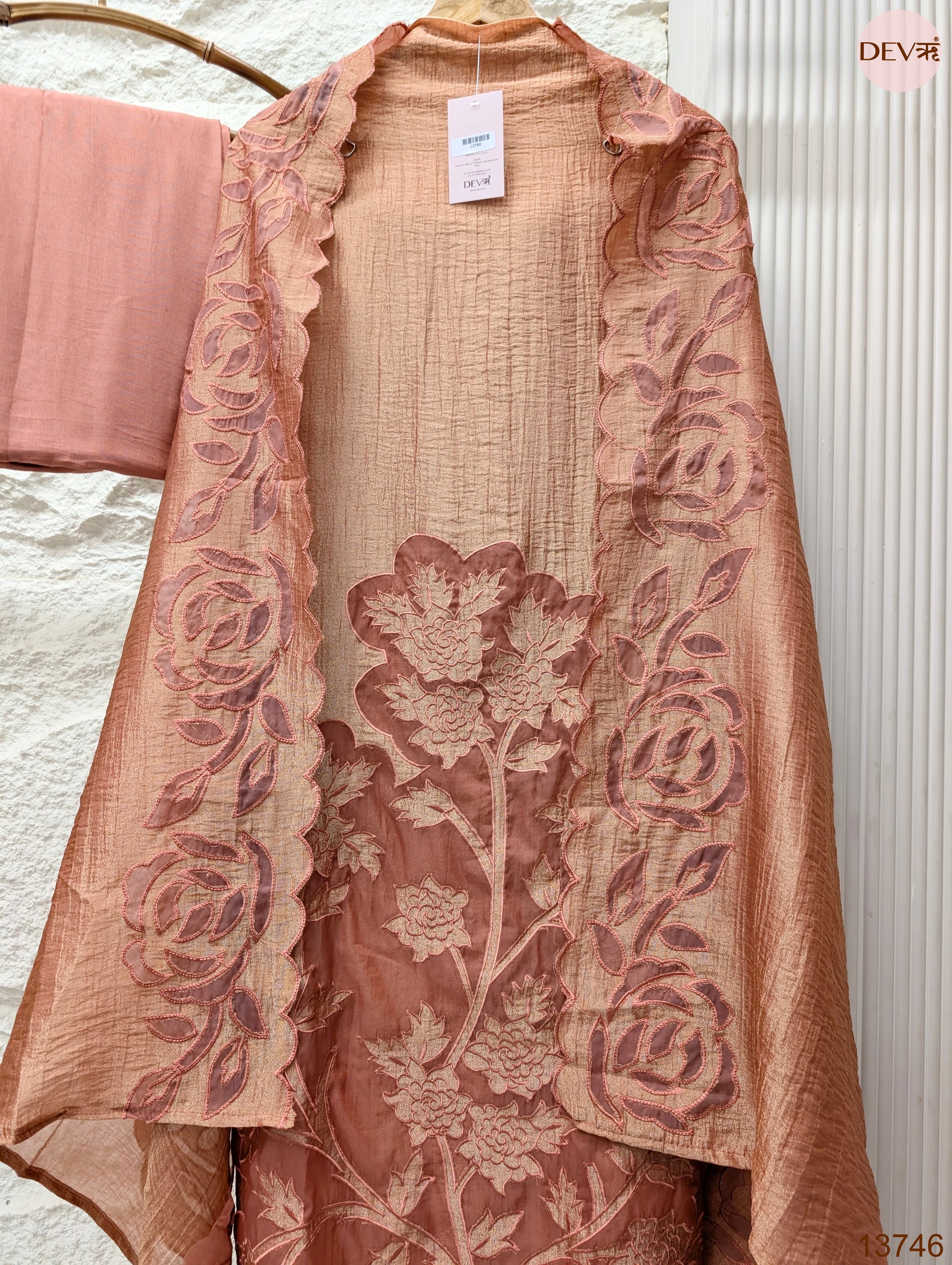 Peach Tissue Crush Silk Embroidered Unstitched 3-Piece Suit (Devri – D.No 13746)