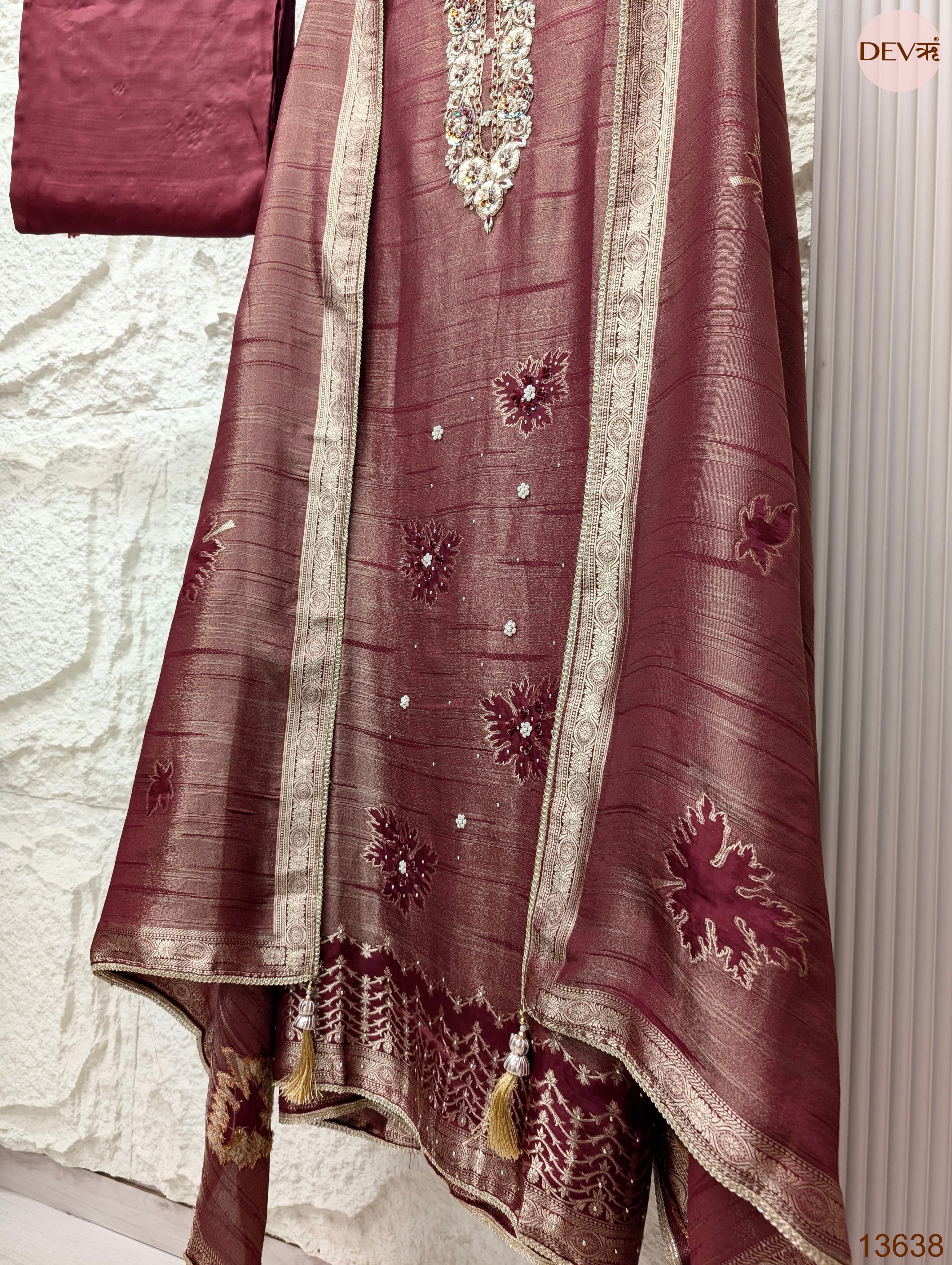 Wine Pure Girafe Banarasi Silk Embroidered Unstitched 3-Piece Suit (Devri – D.No 13638)