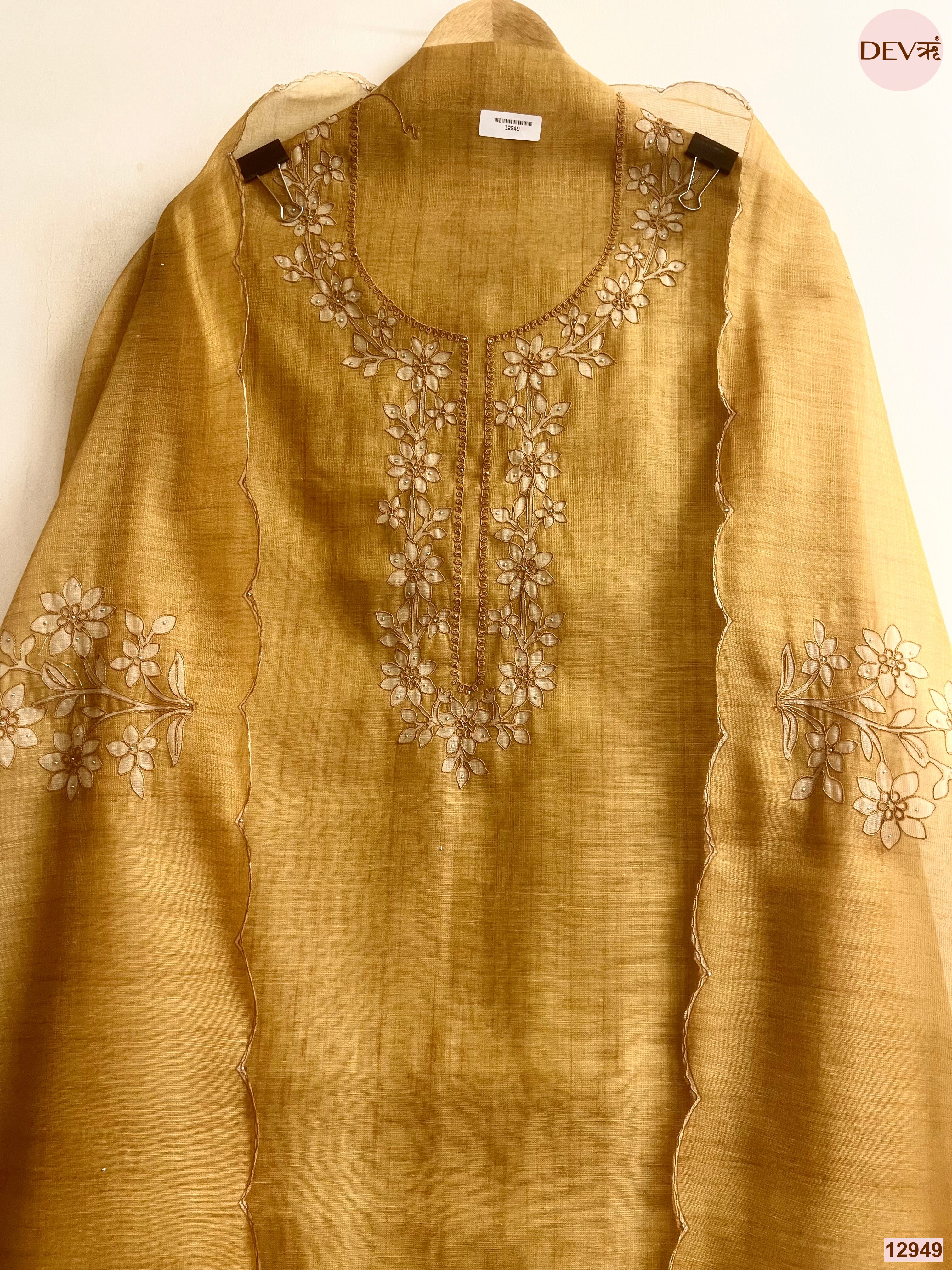 Mustard Linen Embroidered Unstitched 3-Piece Suit (Devri – D.No 12949)