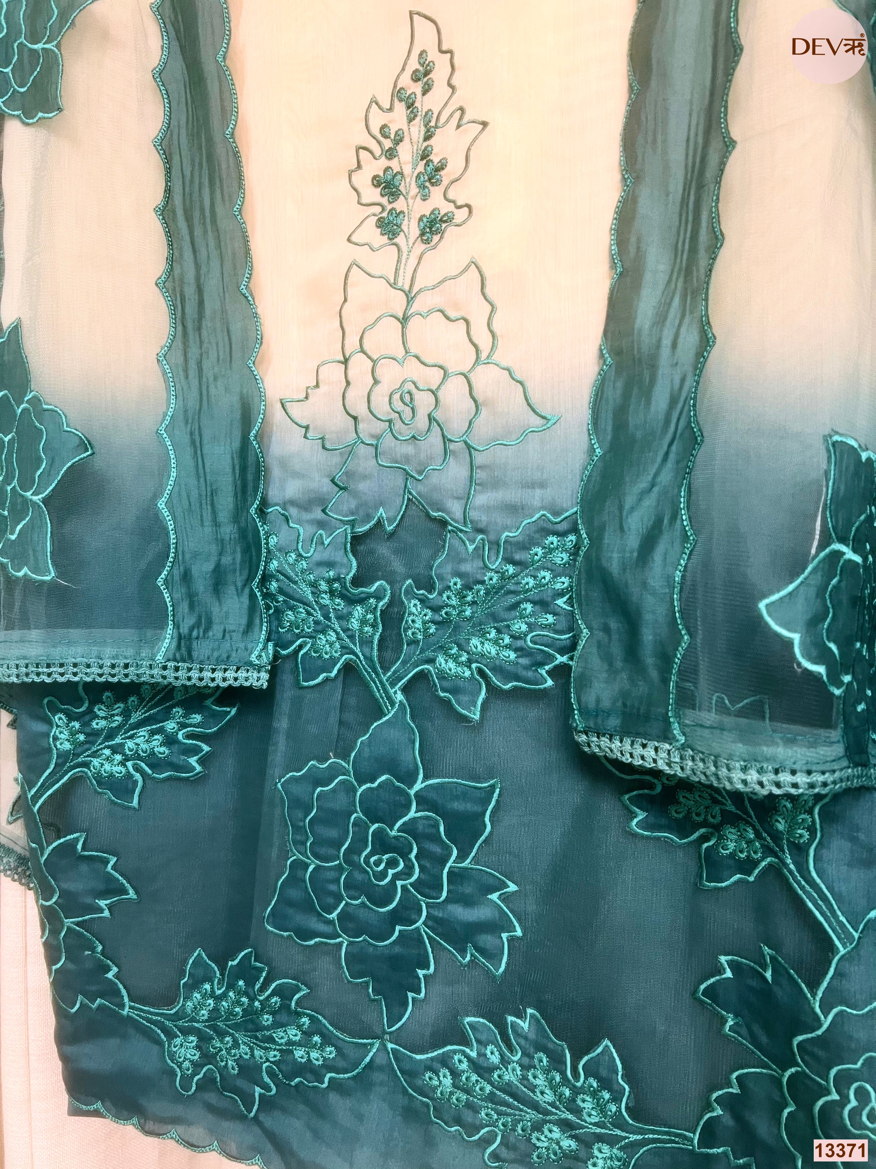 Cream Mul Chanderi Embroidered Unstitched 3-Piece Suit (Devri – D.No 13371)