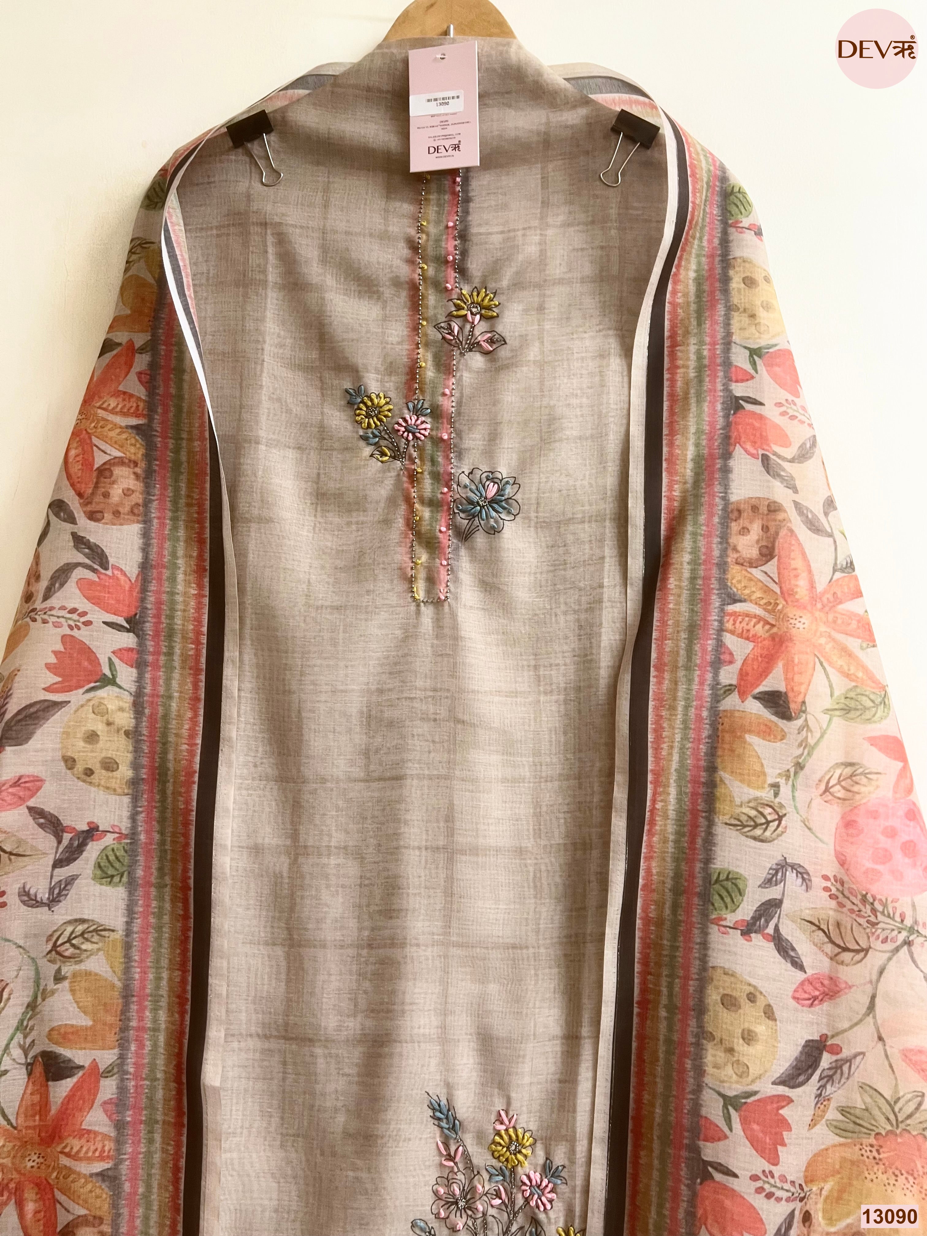Grey Mul Chanderi Embroidered Unstitched 3-Piece Suit (Devri – D.No 13090)