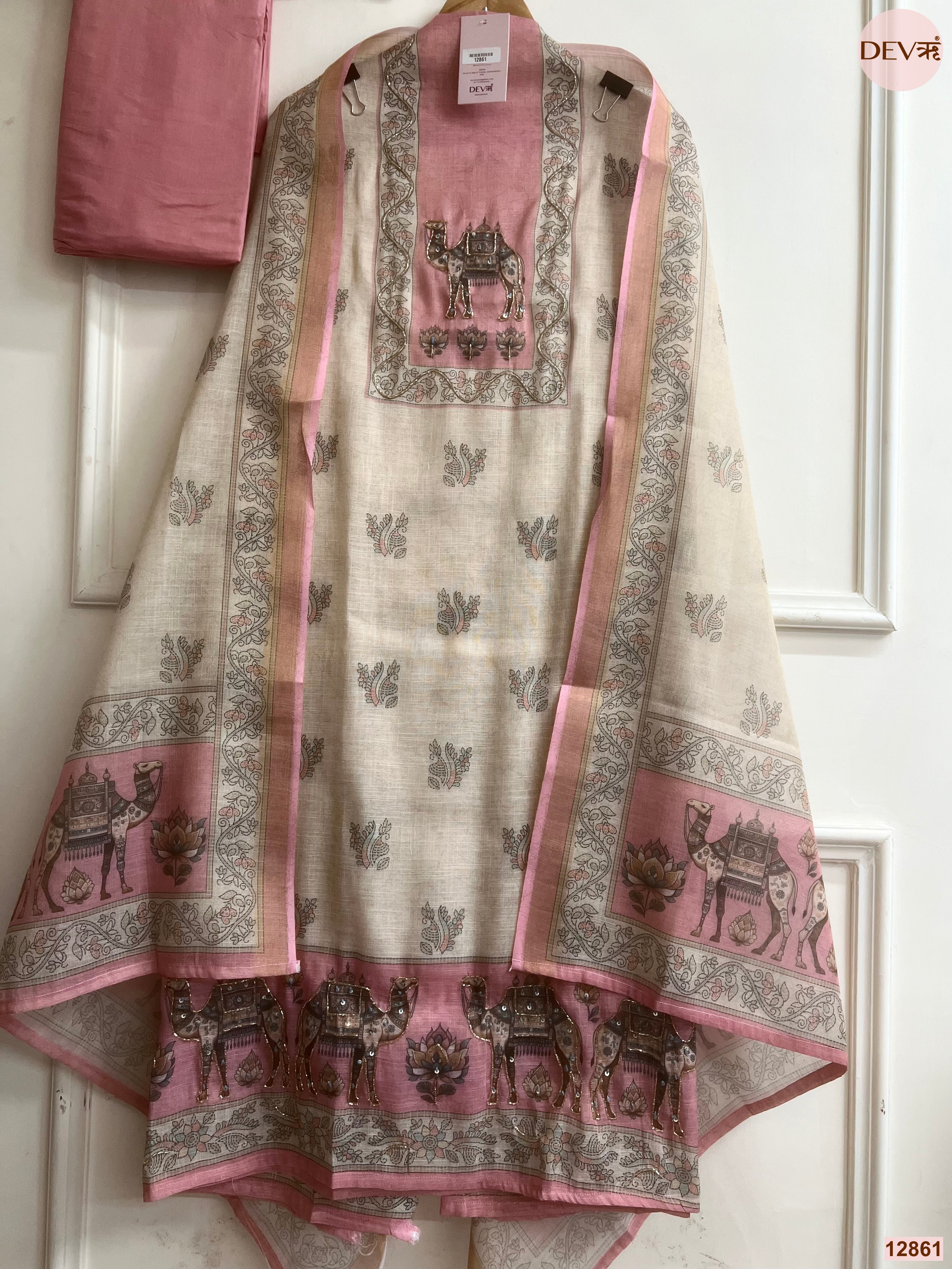 Pink Linen Cotton Printed Unstitched 3-Piece Suit (Devri – D.No 12861)
