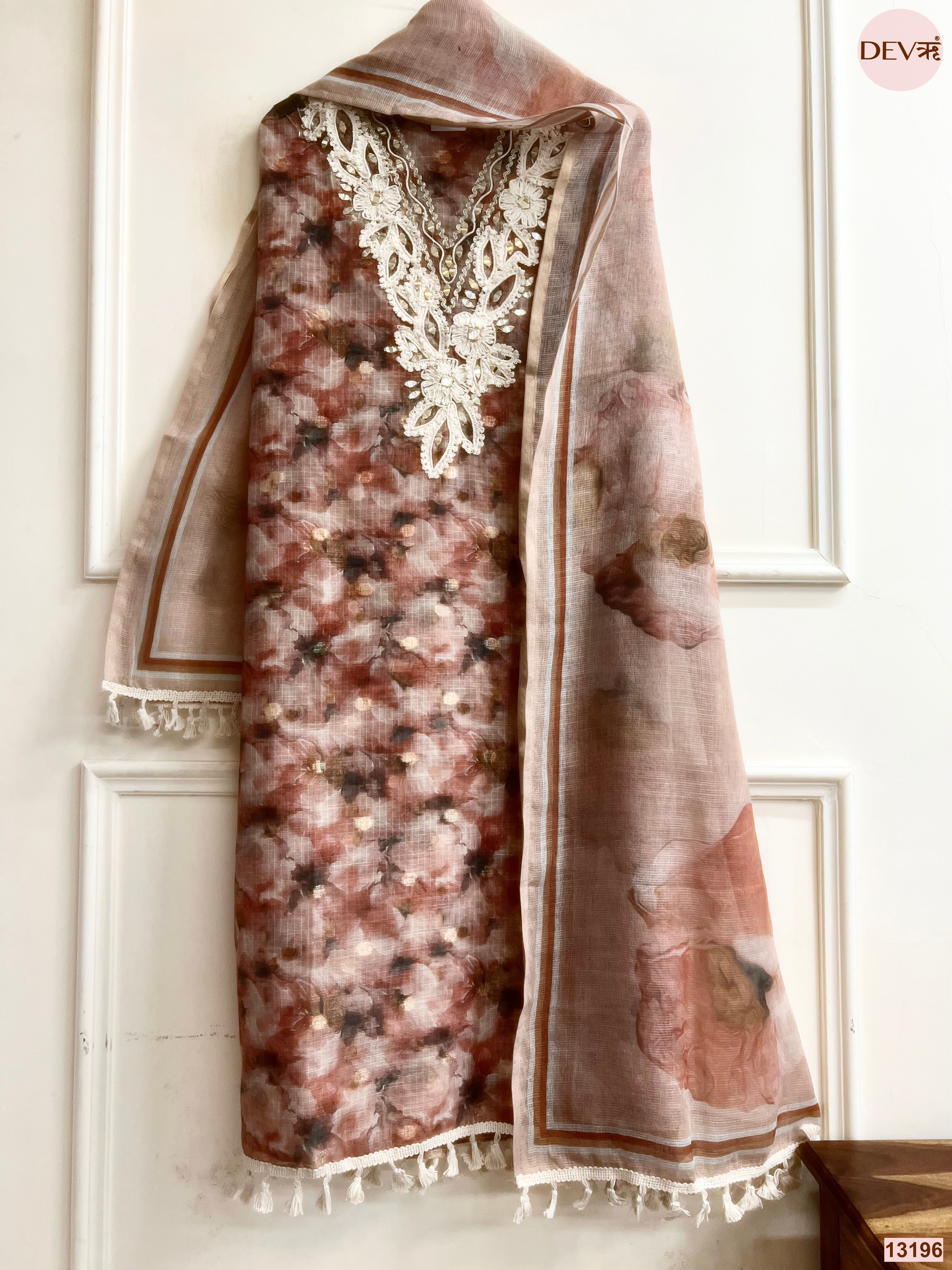 Brown Kota Zari Printed Unstitched 3-Piece Suit (Devri – D.No 13196)