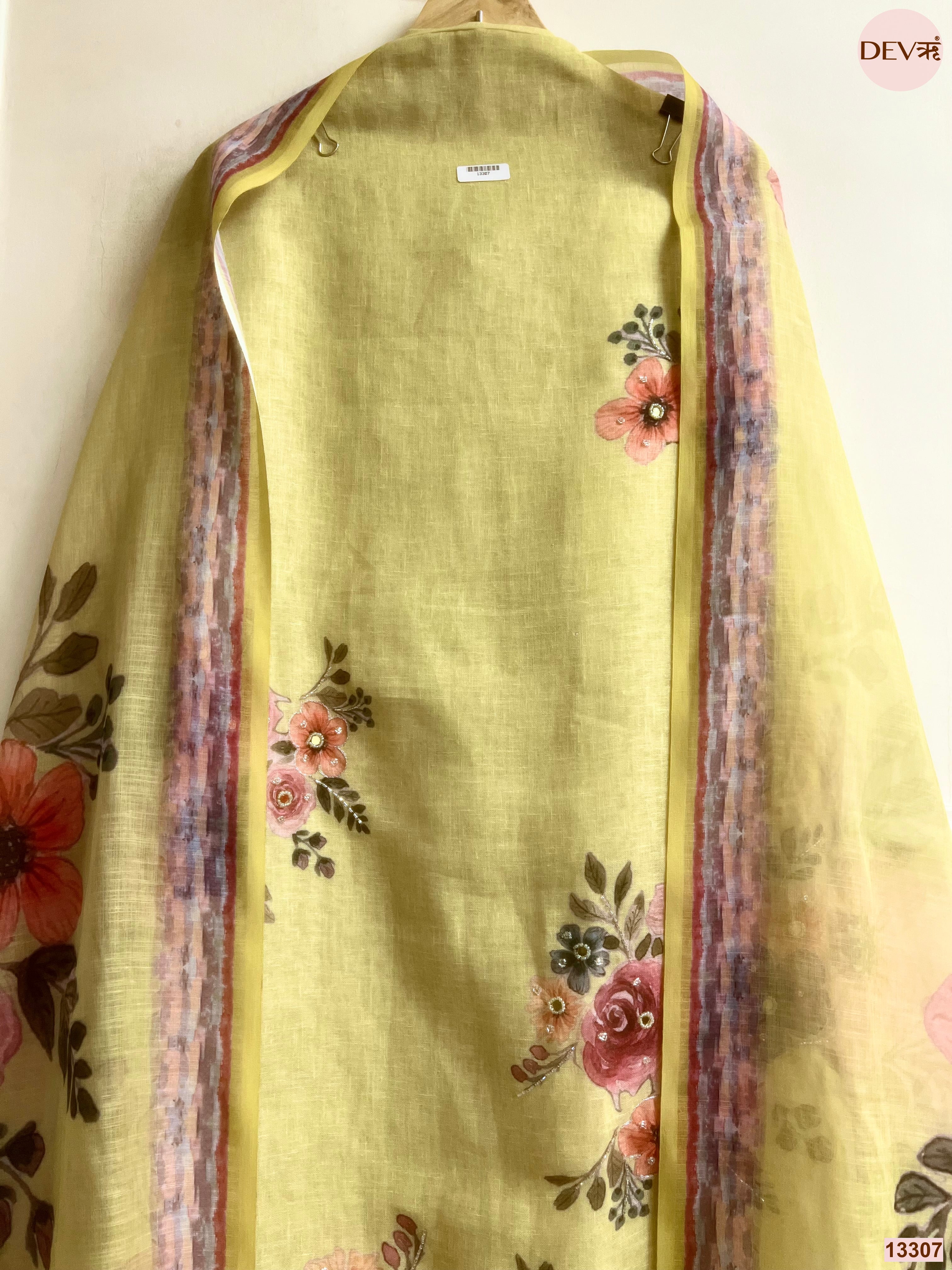 Yellow Linen Cotton Printed Unstitched 3-Piece Suit (Devri – D.No 13307)