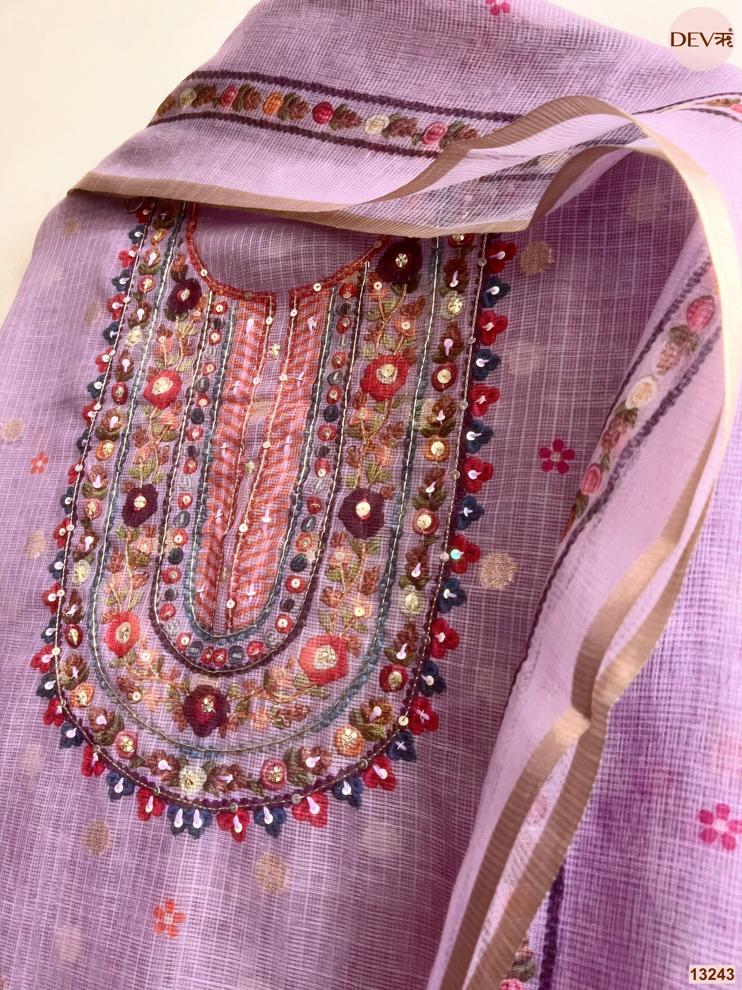 Lavender Kota Printed Unstitched 3-Piece Suit (Devri – D.No 13243)