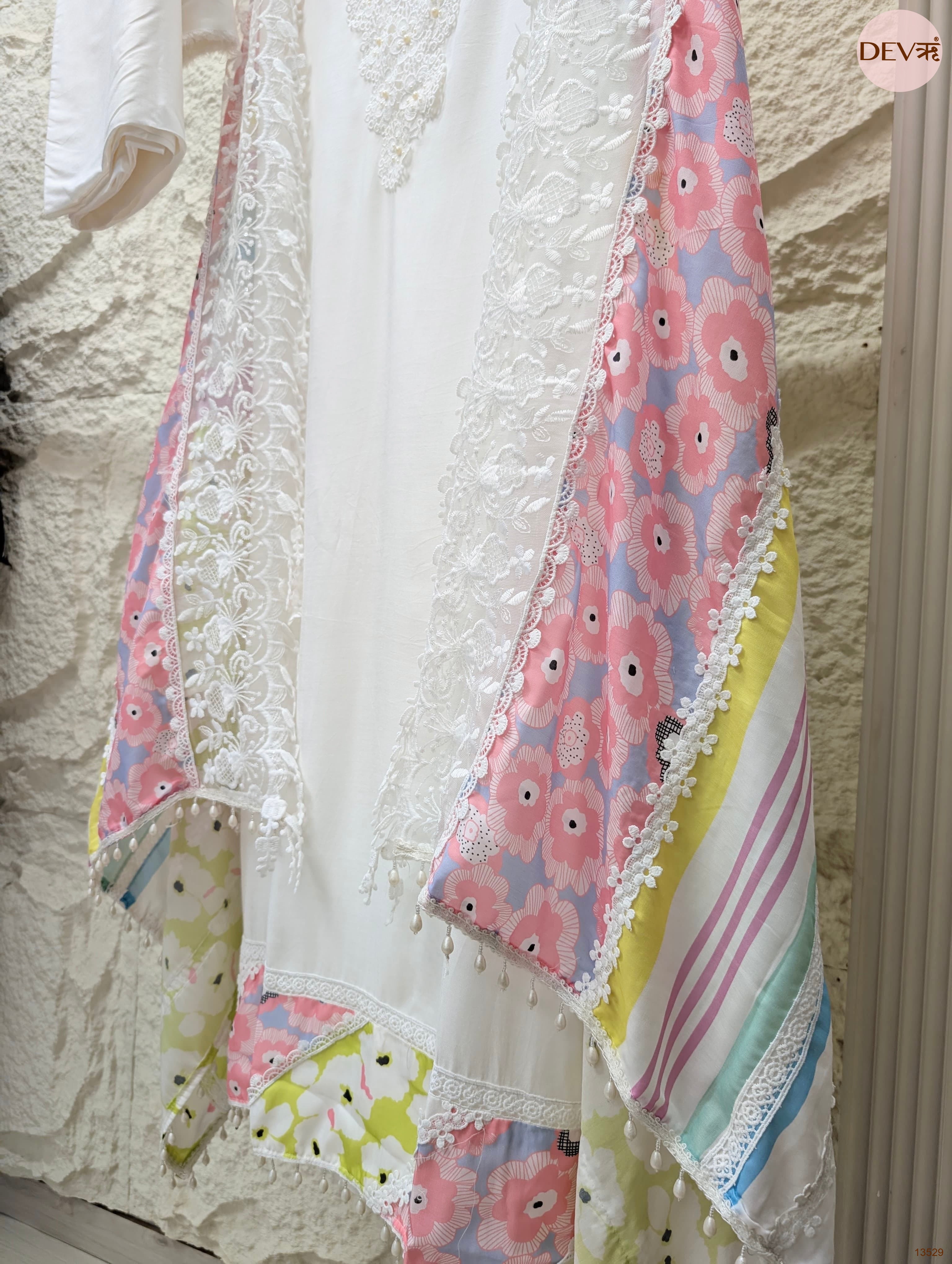 White Muslin Embroidered Unstitched 3-Piece Suit (Devri – D.No 13529)