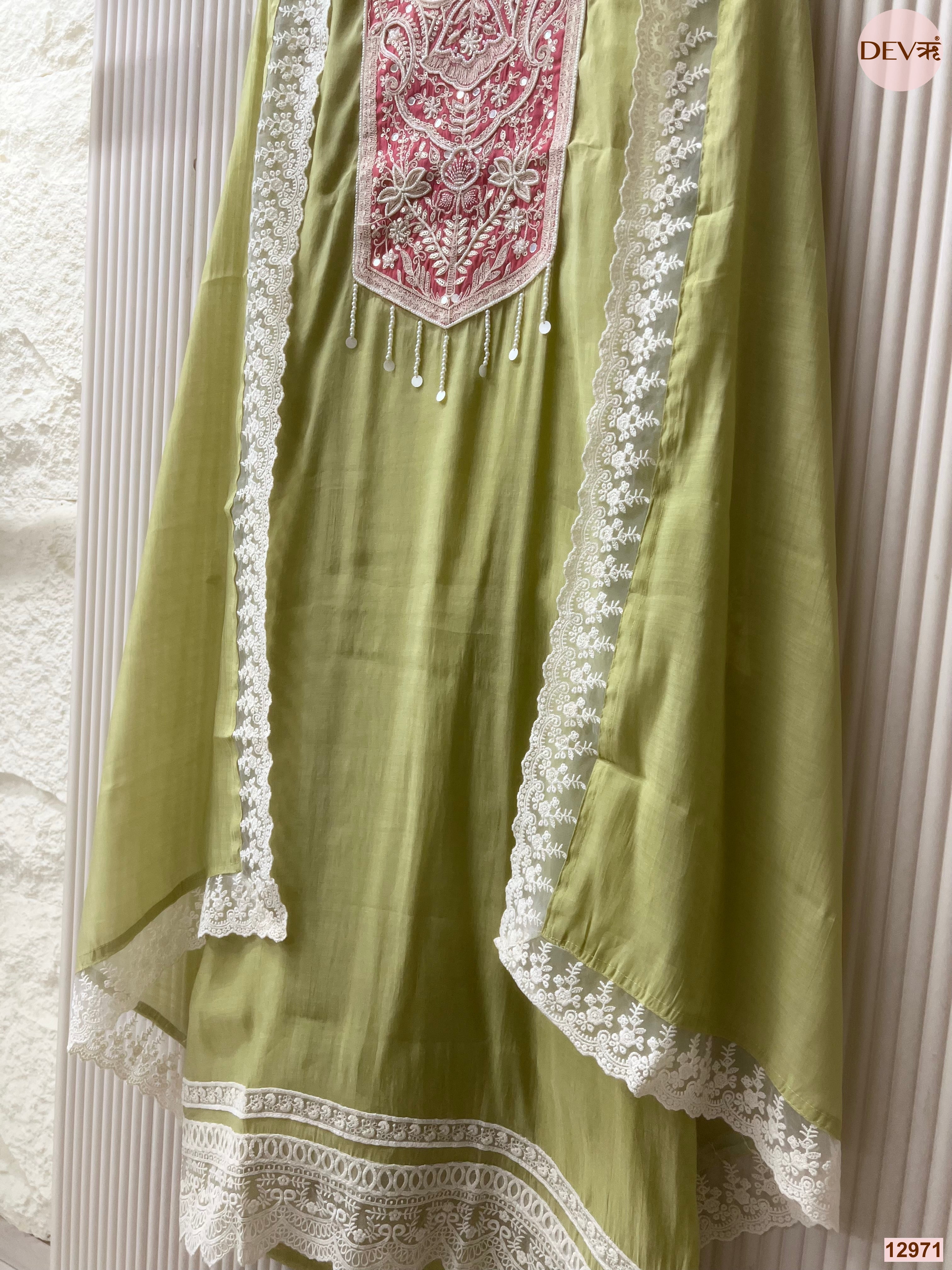 Green Mul Chanderi Embroidered Unstitched 3-Piece Suit (Devri – D.No 12971)