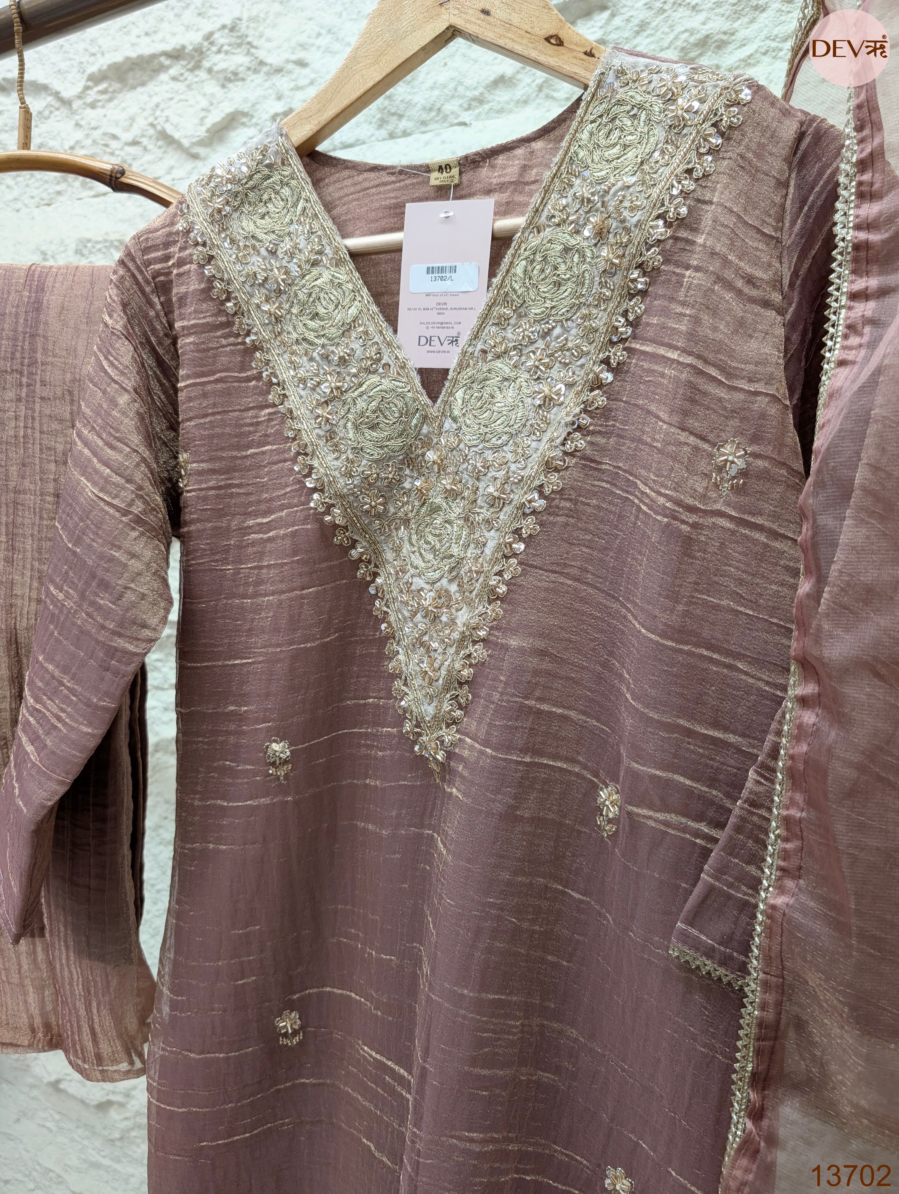 Gulnaar Tissue silk Embroidered Mauve 3-Piece Set (Devri – D.No 13702)