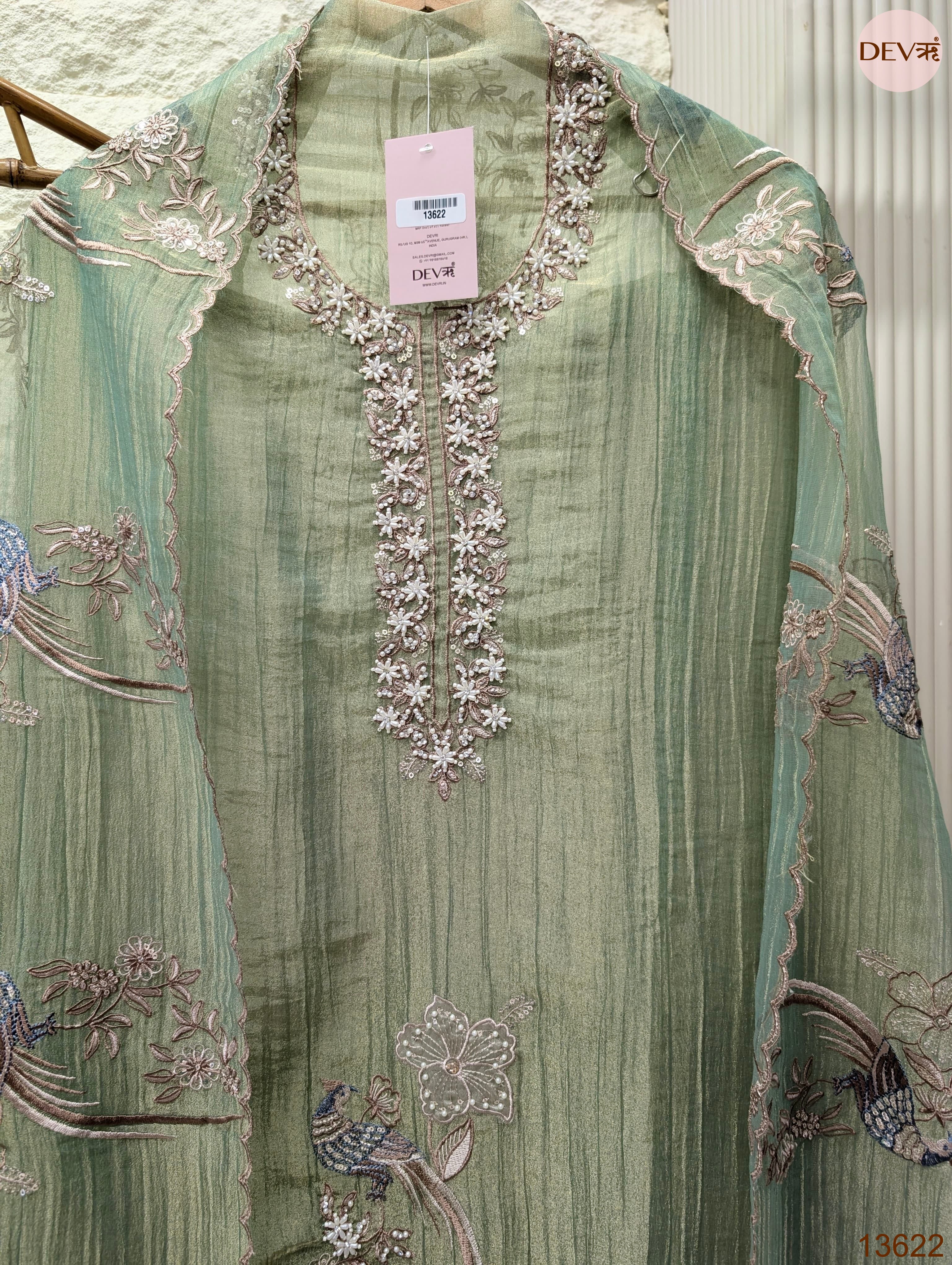 Green Tissue Crush Silk Embroidered Unstitched 3-Piece Suit (Devri – D.No 13622)