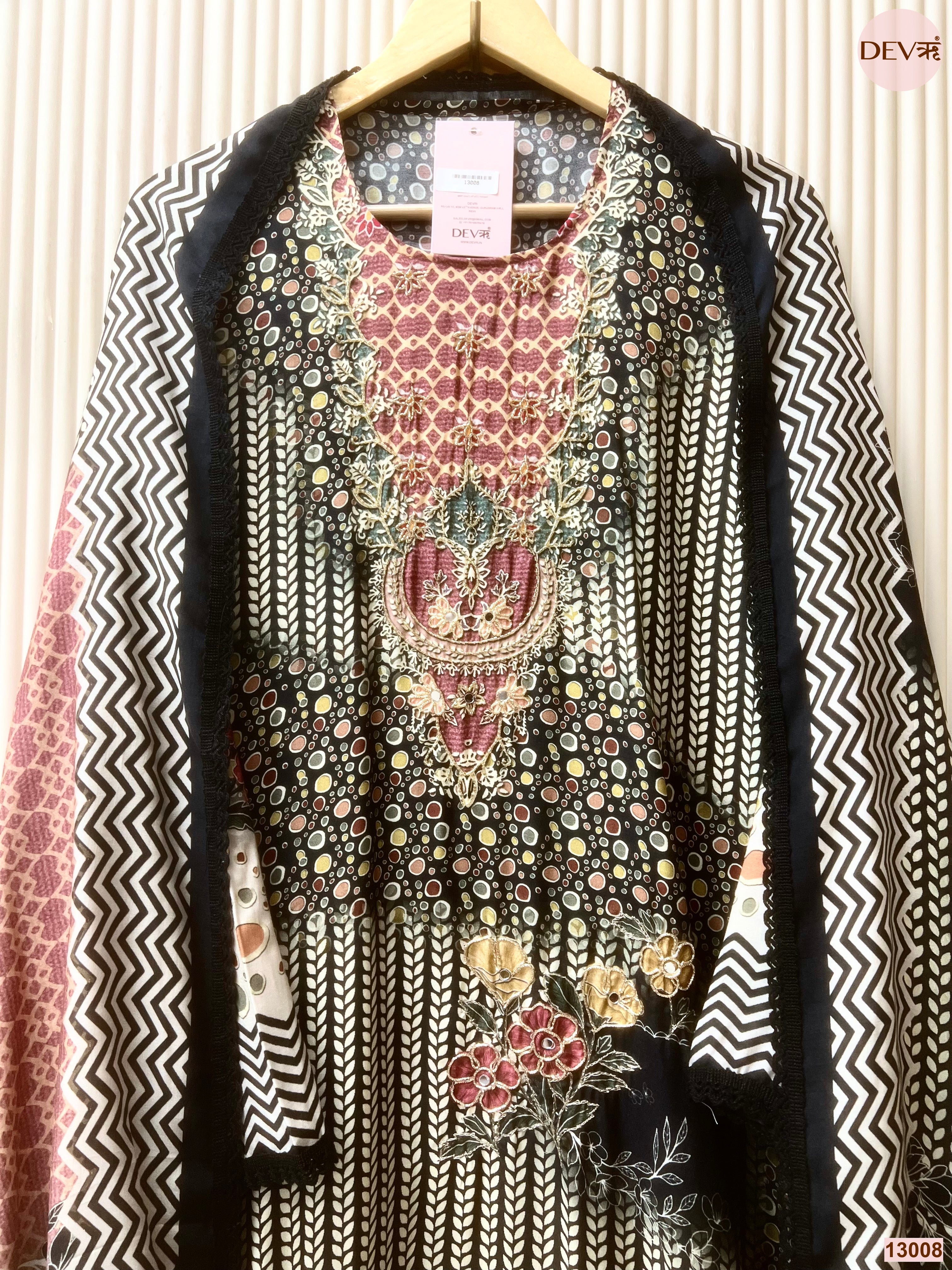 Black Muslin Printed Unstitched 3-Piece Suit (Devri – D.No 13008)