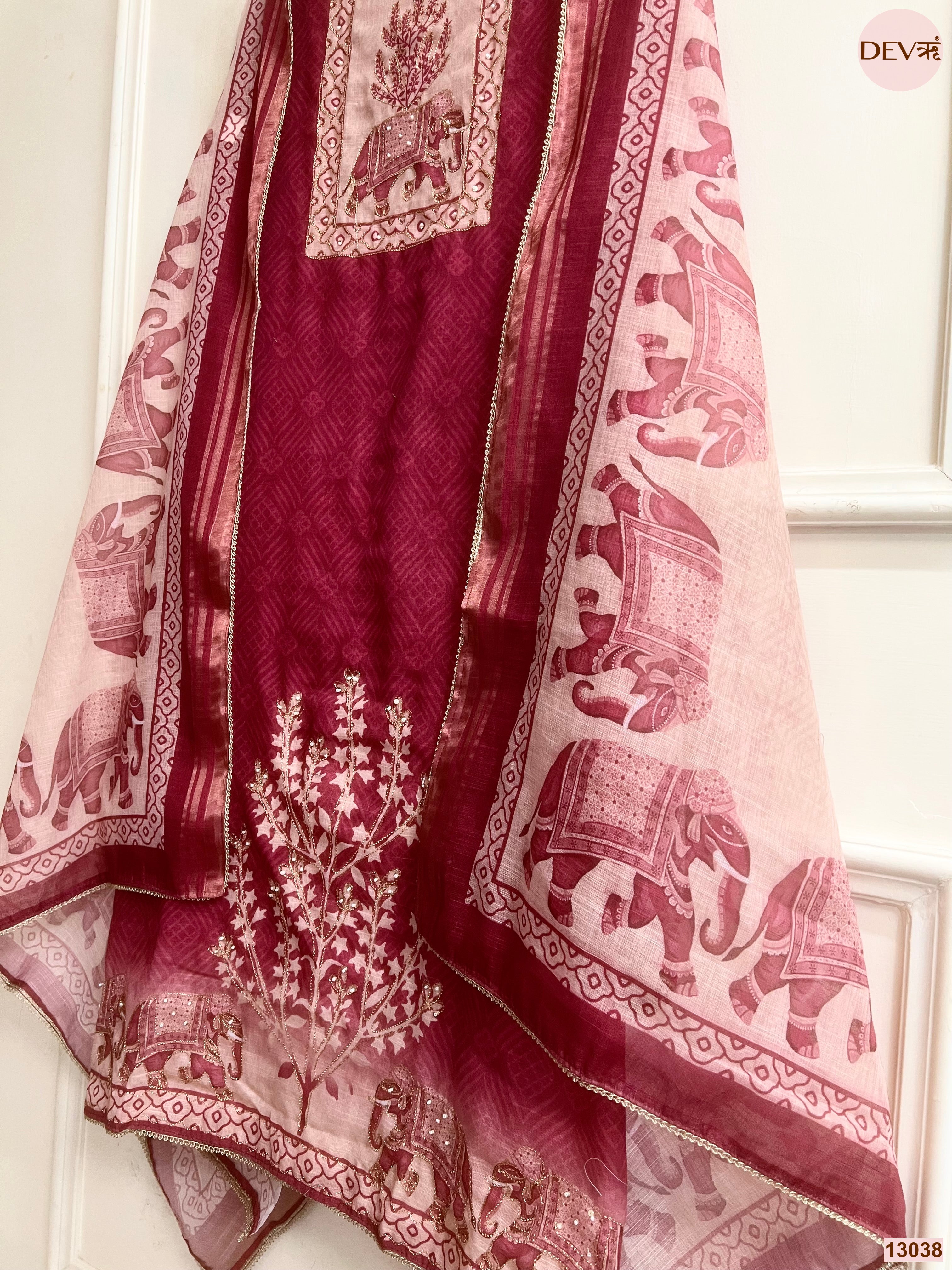 Wine Linen Cotton Printed Unstitched 3-Piece Suit (Devri – D.No 13038)