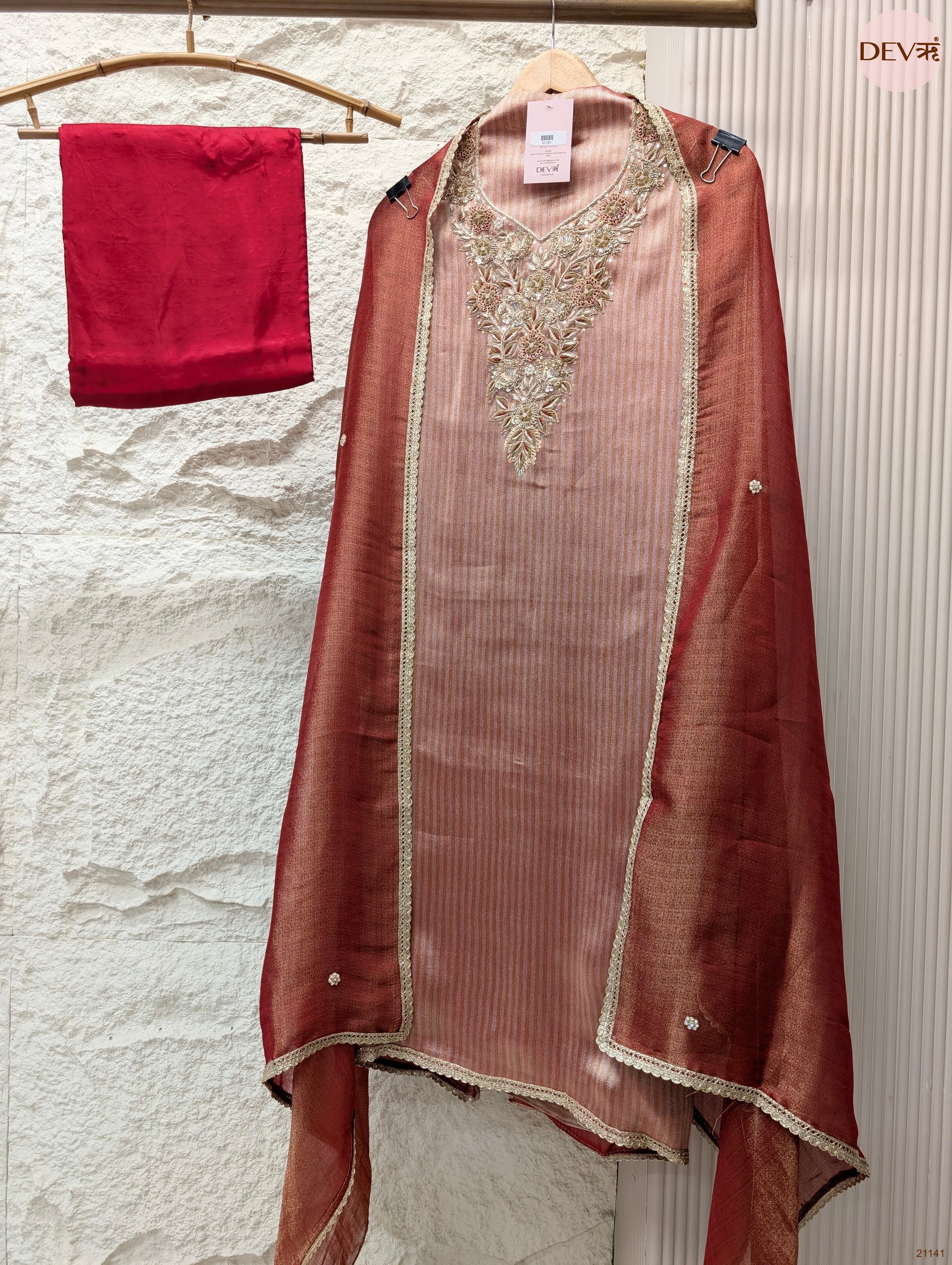 Pink Pure Tissue Silk Embroidered Unstitched 3-Piece Suit (Devri – D.No 21141)