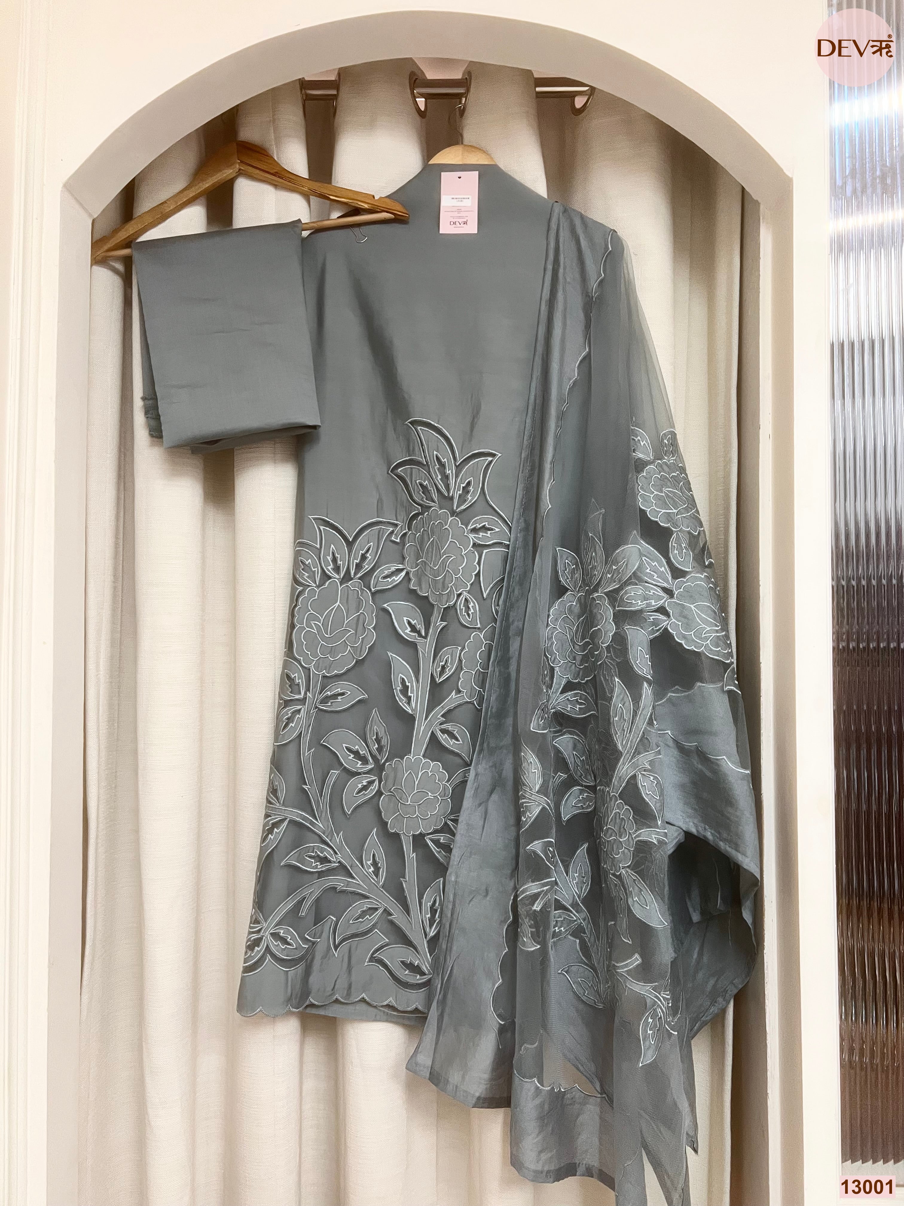 Grey Roman Silk Embroidered Unstitched 3-Piece Suit (Devri – D.No 13001)