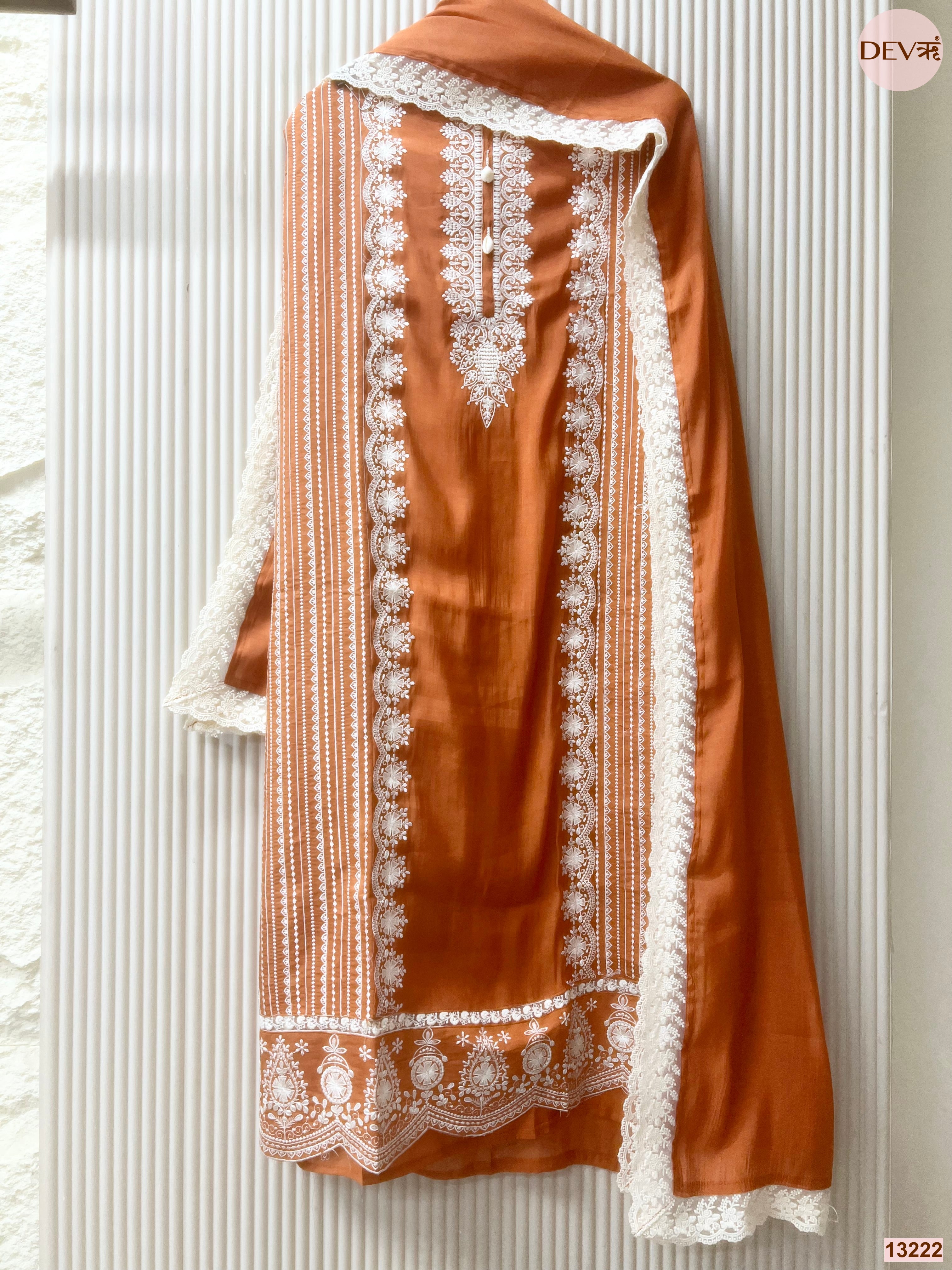 Rust Mul Cotton Embroidered Unstitched 3-Piece Suit (Devri – D.No 13222)