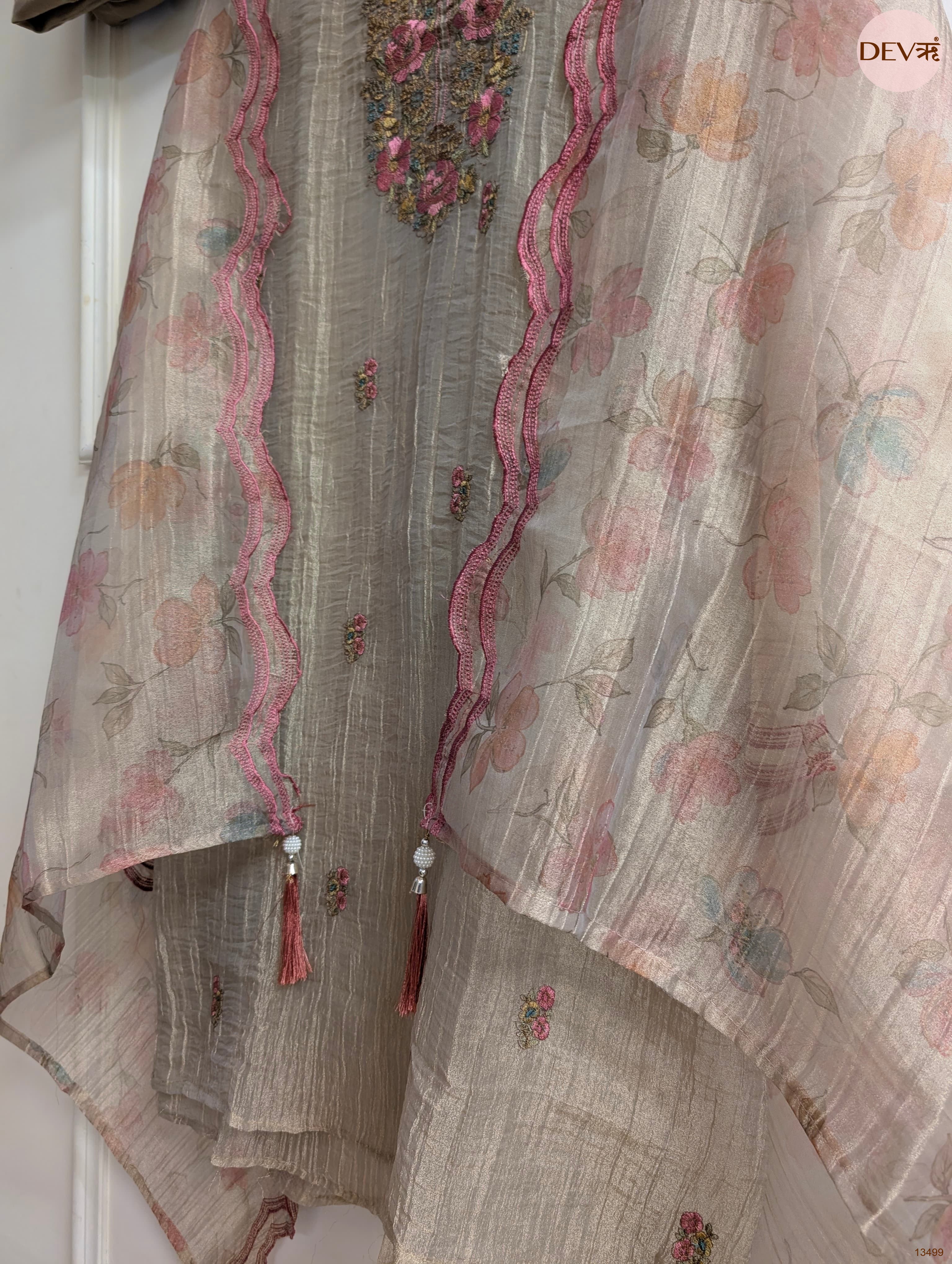 Beige Tissue Crush Silk Embroidered Unstitched 3-Piece Suit (Devri – D.No 13499)