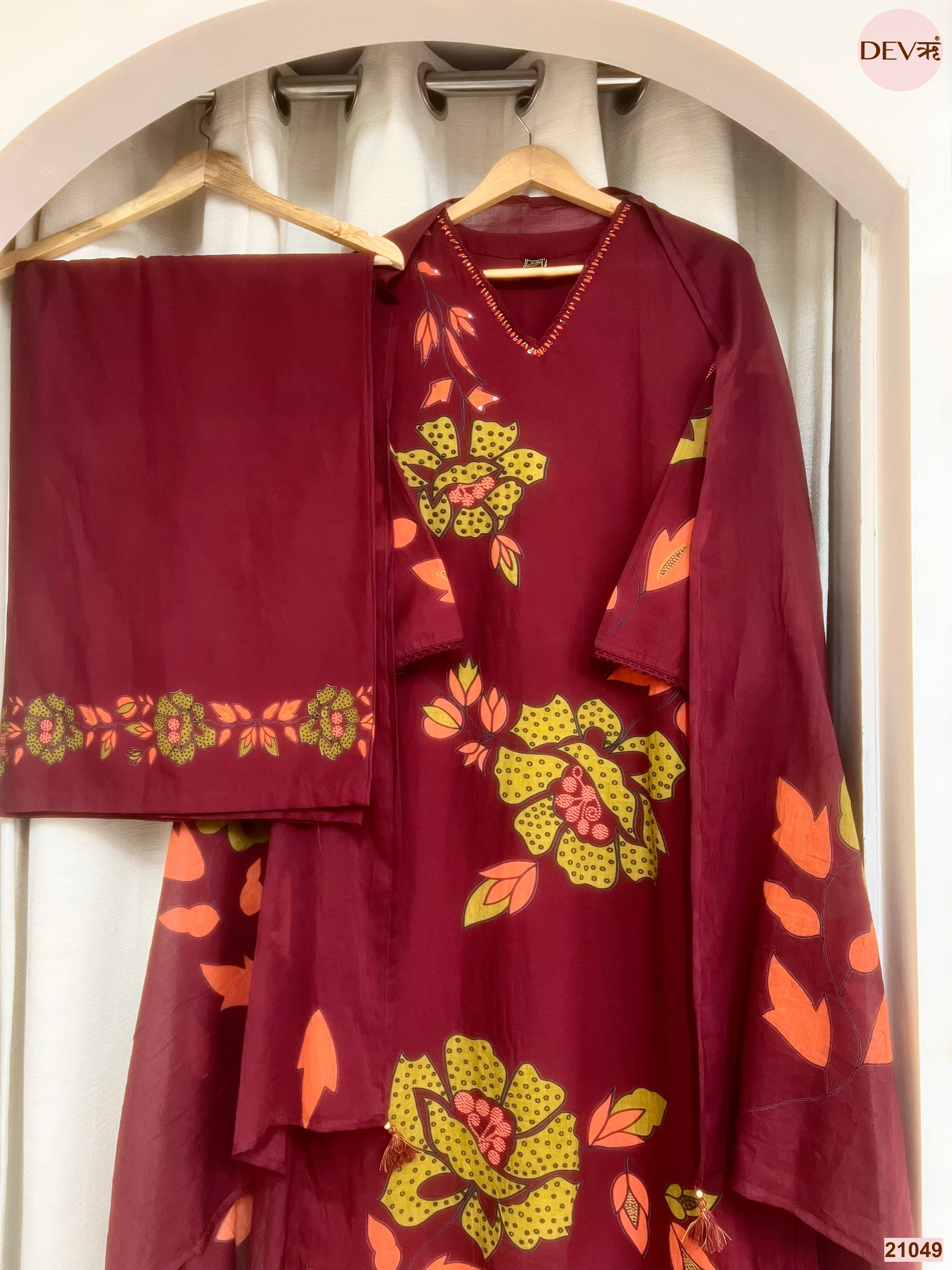Gulnaar Cotton Slub Printed Maroon 3-Piece Set (Devri – D.No 21049)