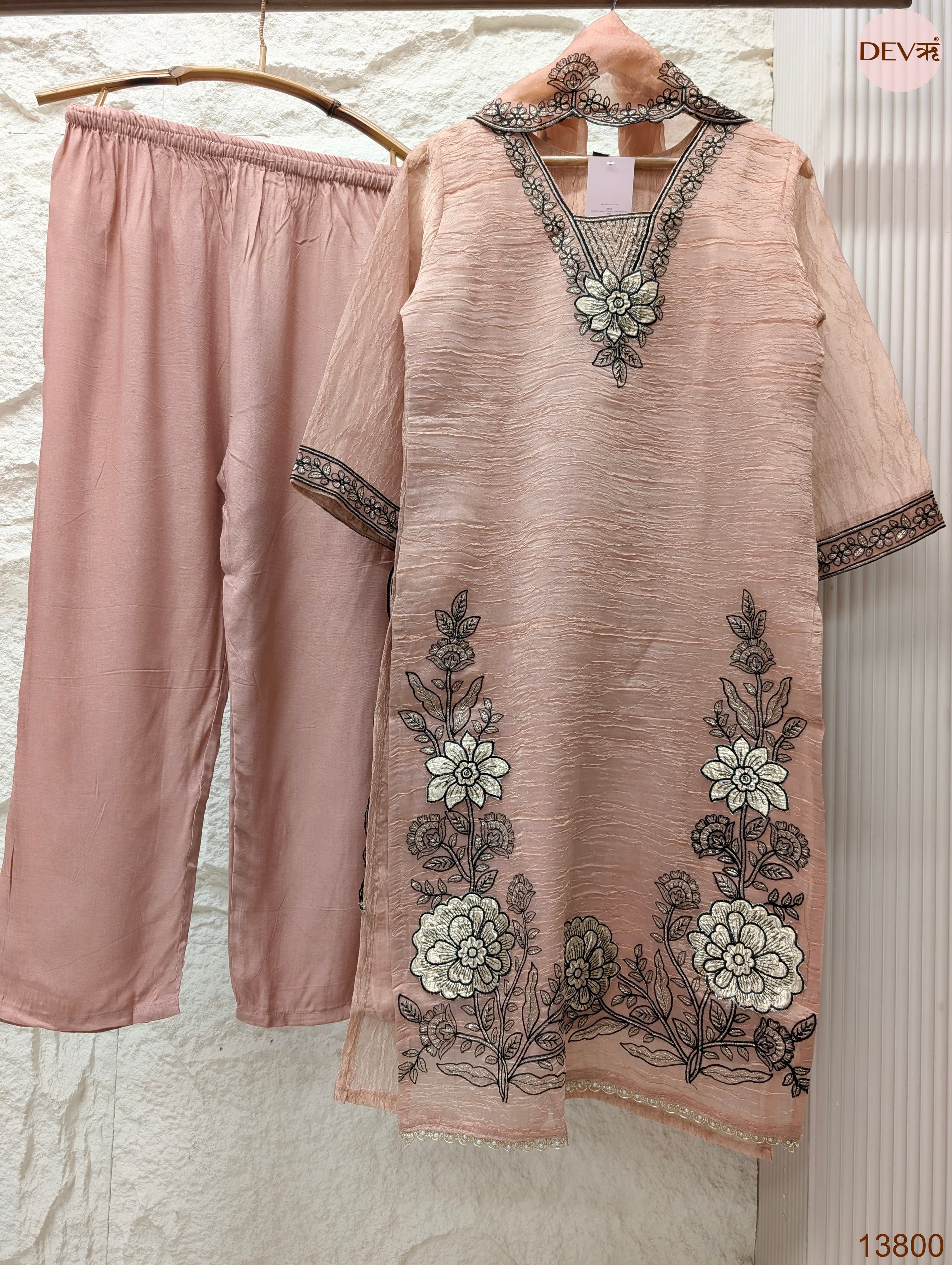 Gulnaar Tissue silk Embroidered Blush Pink 3-Piece Set (Devri – D.No 13800)
