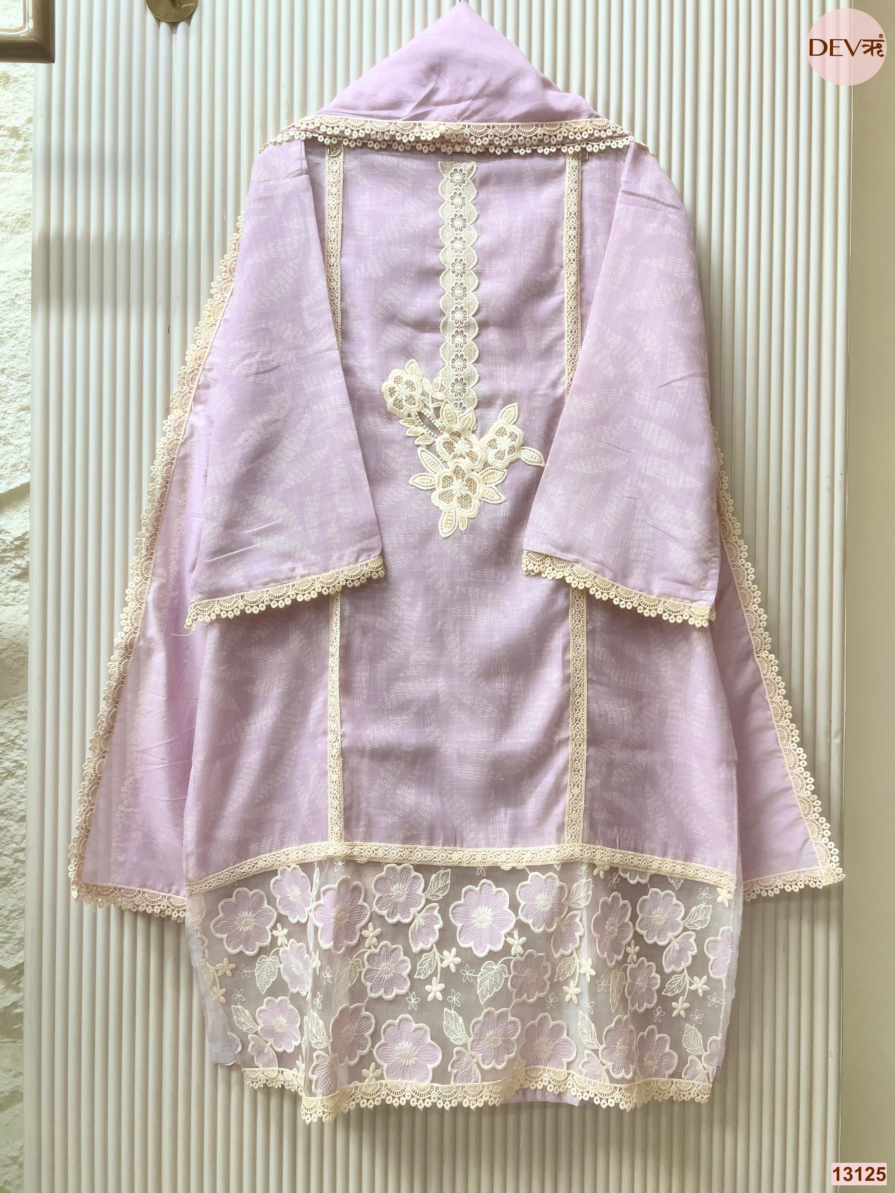 Lavender Linen Cotton Embroidered Unstitched 3-Piece Suit (Devri – D.No 13125)