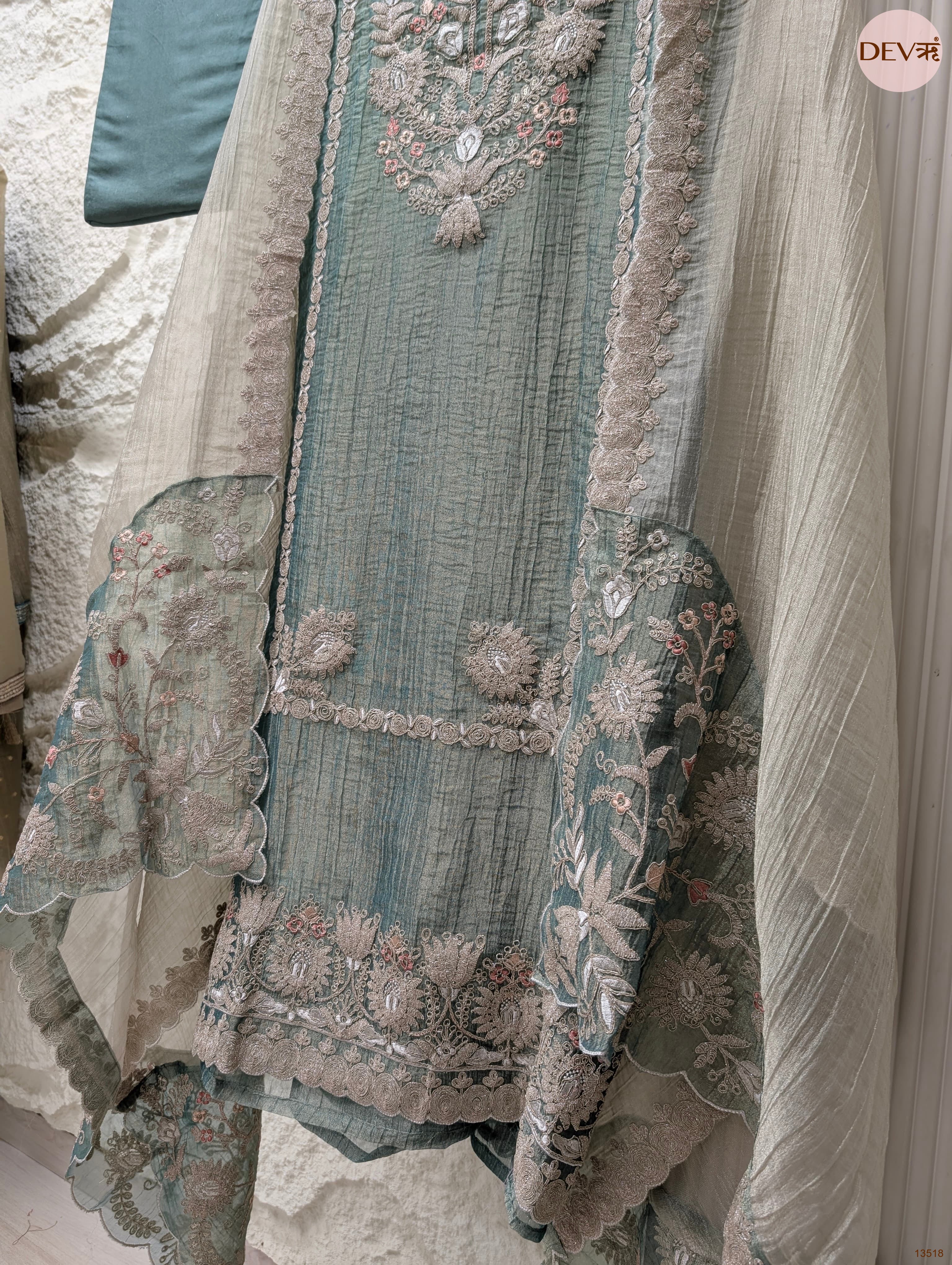 Green Tissue Silk Embroidered Unstitched 3-Piece Suit (Devri – D.No 13518)