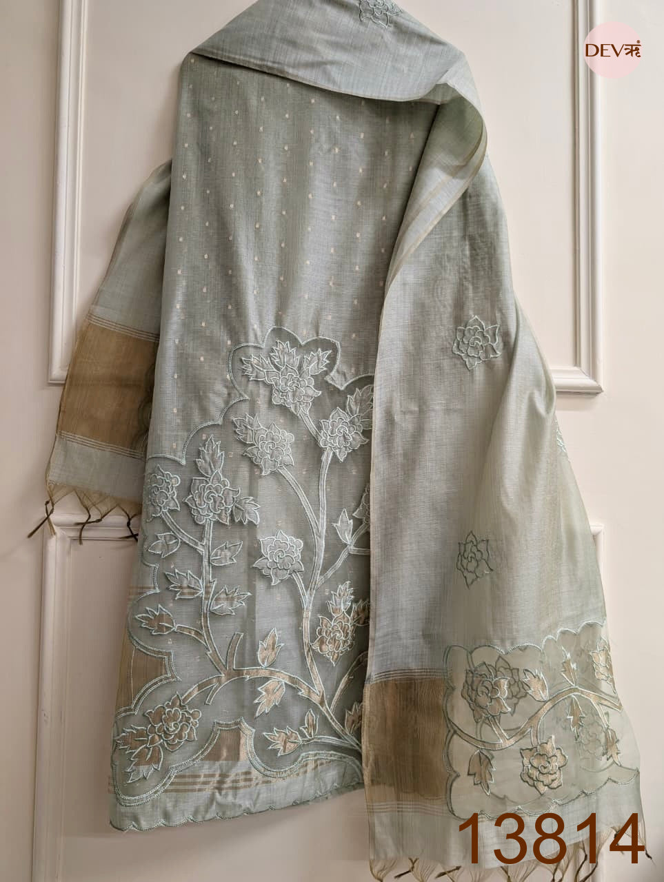 Sage Mul Chanderi Embroidered Unstitched 3-Piece Suit (Devri – D.No 13814)