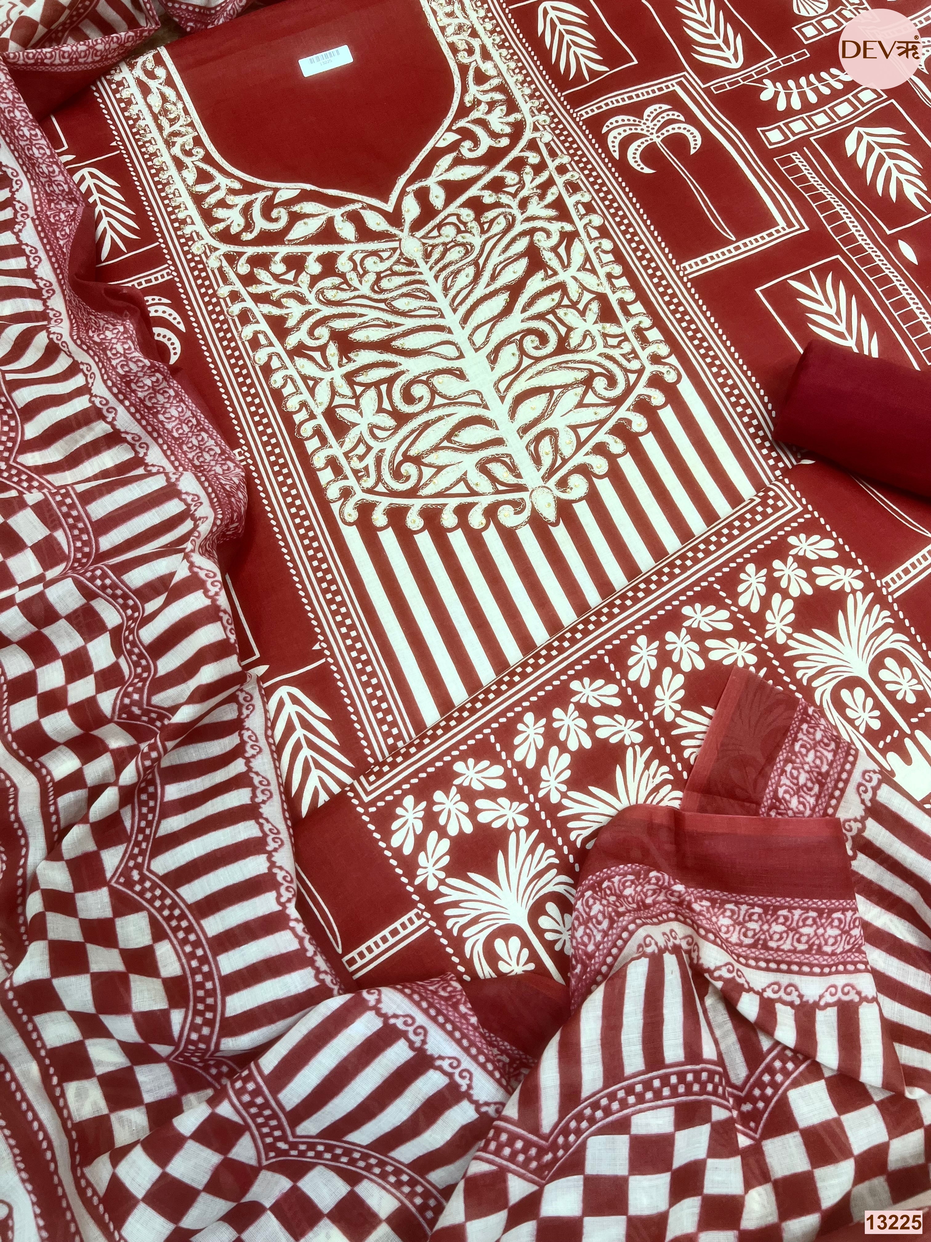 Maroon Cotton Printed Unstitched 3-Piece Suit (Devri – D.No 13225)